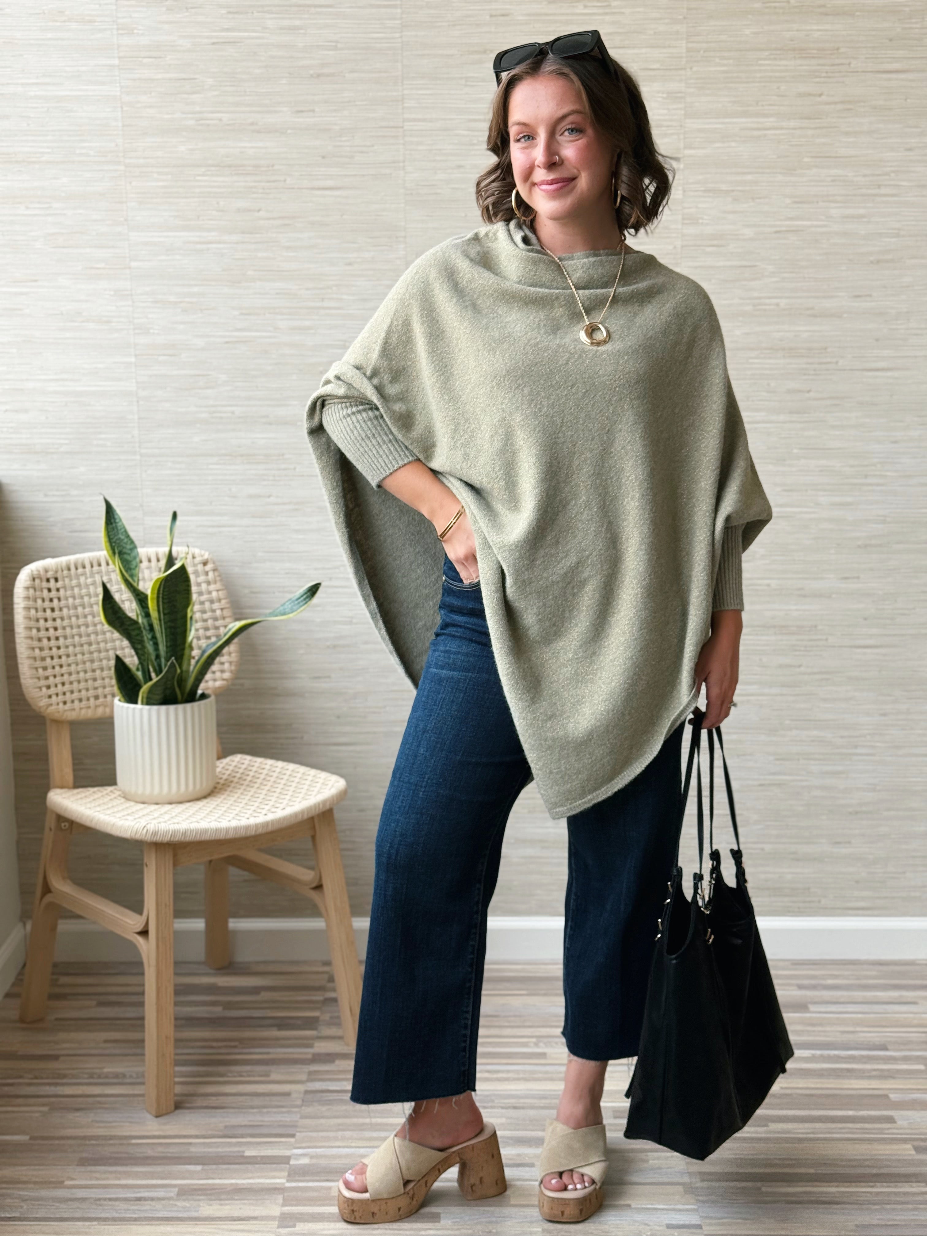 Leaf It to Us Poncho Sweater - SAGE - willows clothing PONCHO
