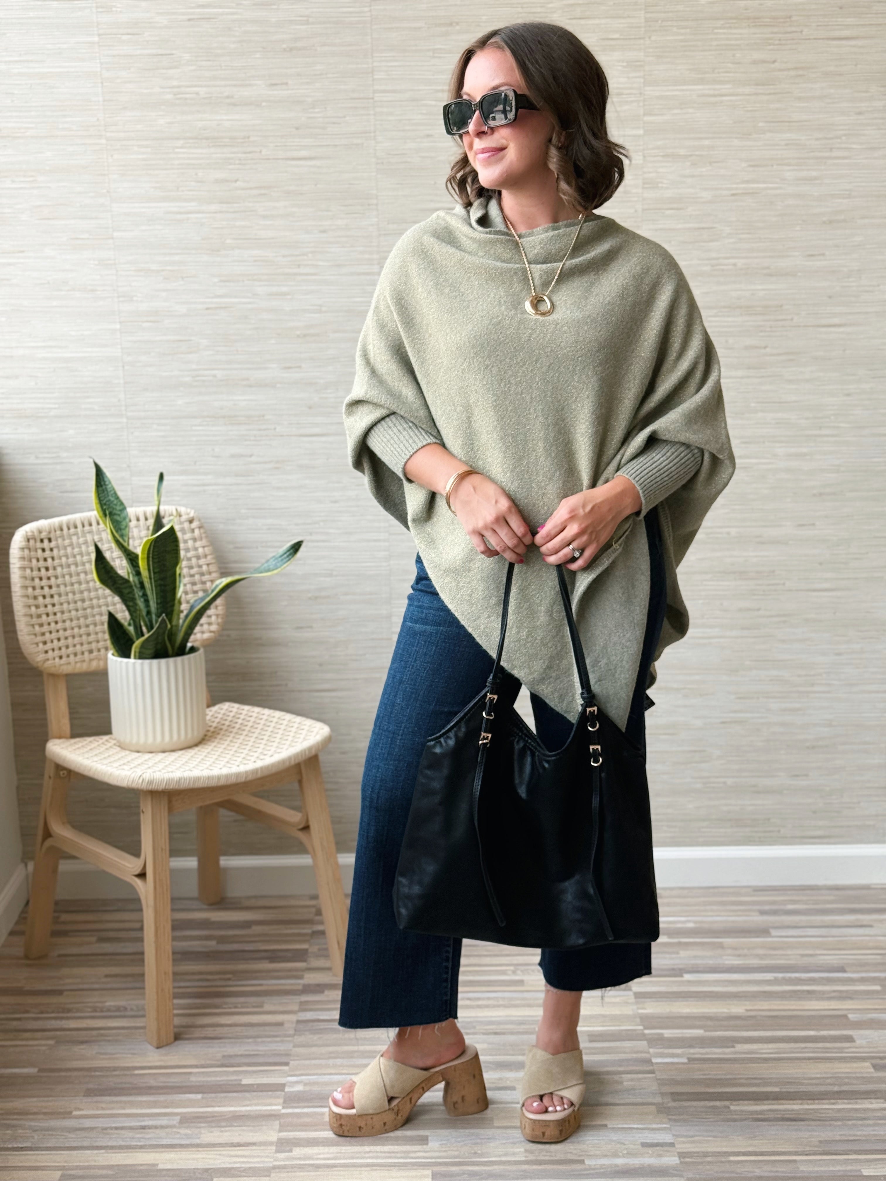 Leaf It to Us Poncho Sweater - SAGE - willows clothing PONCHO