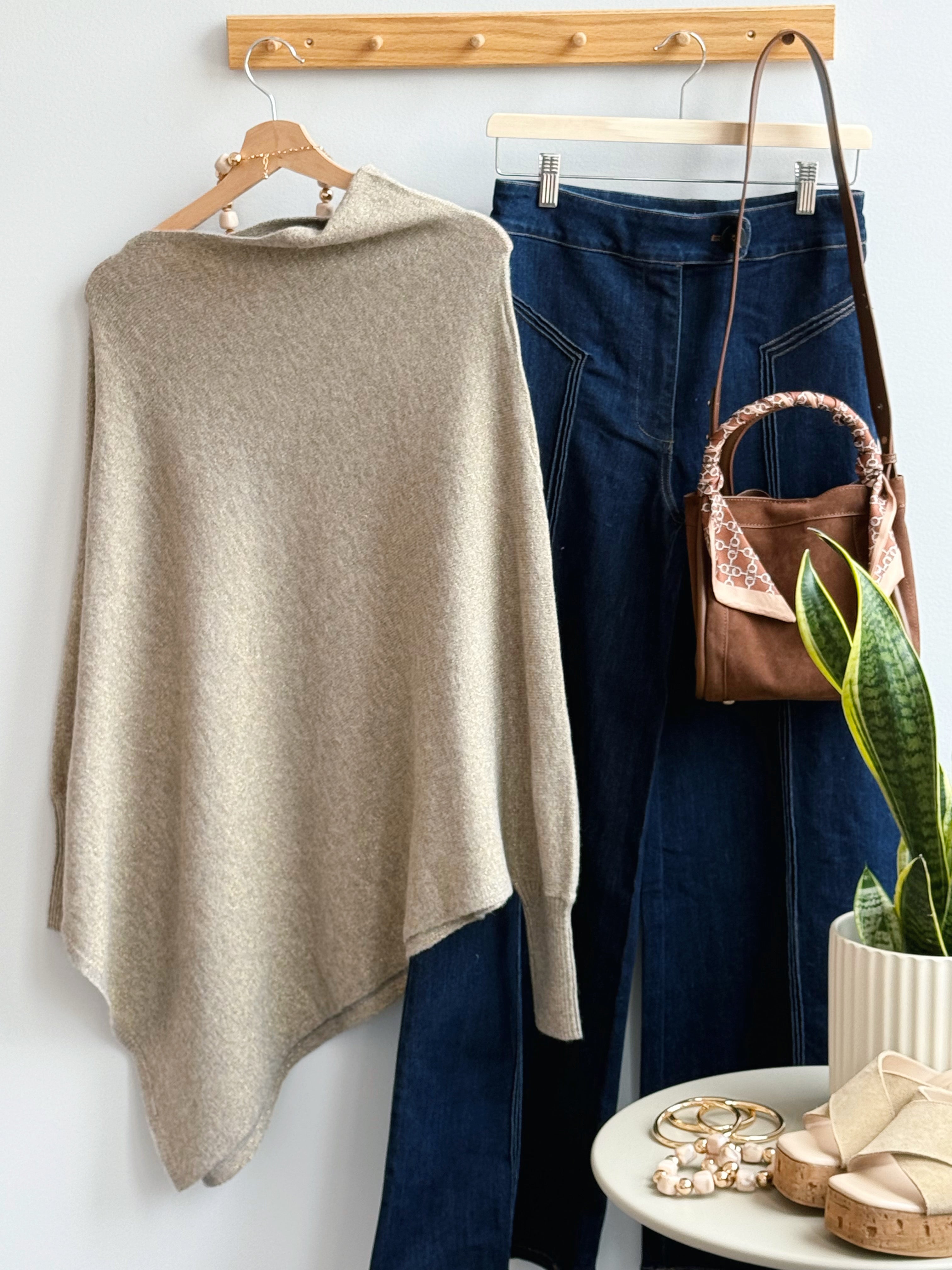 Leaf It to Us Poncho Sweater - TAUPE - willows clothing PONCHO