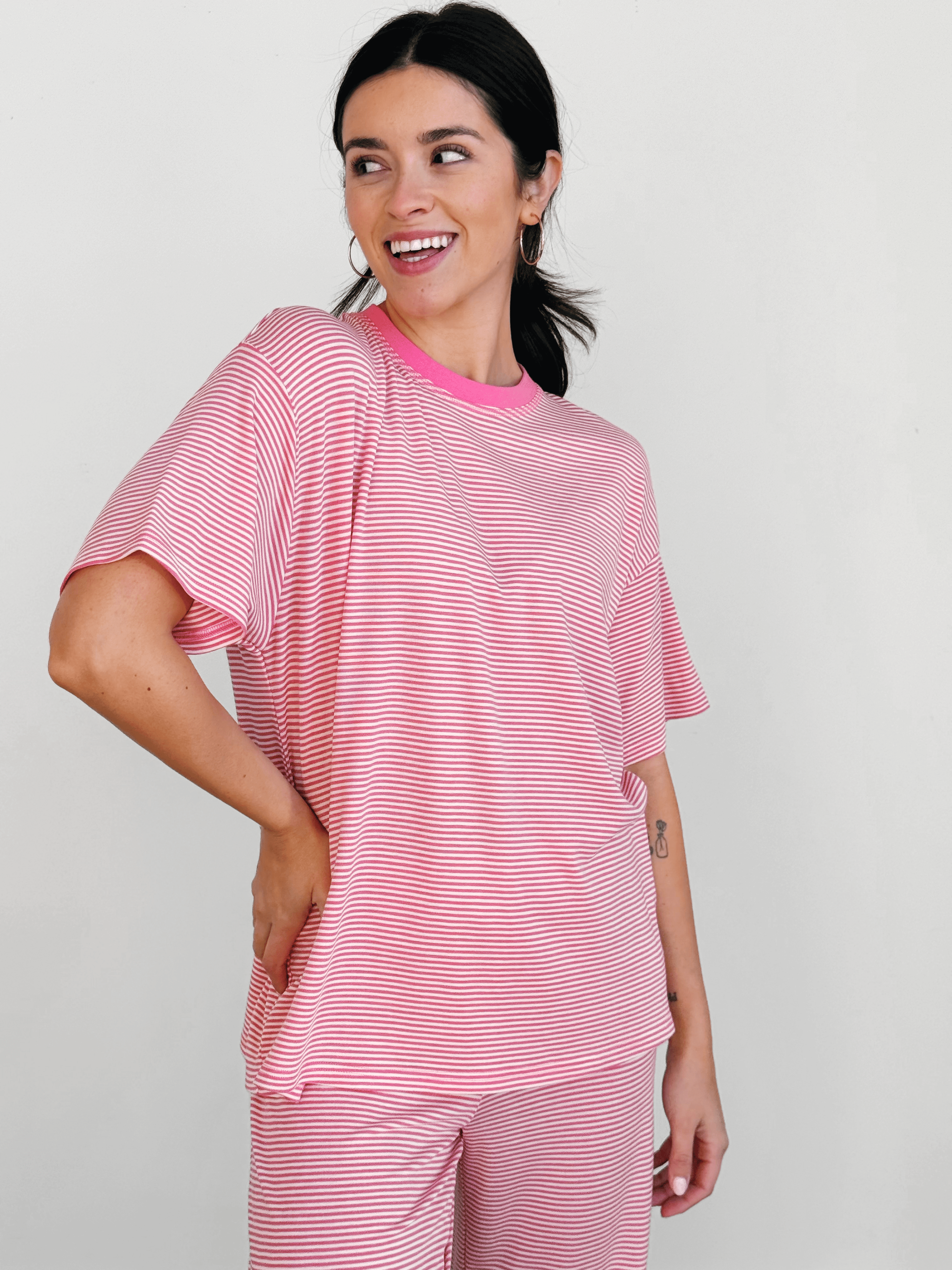 Lightweight Cozy Stripe Tee - BUBBLEGUM - willows clothing L/S SHIRT