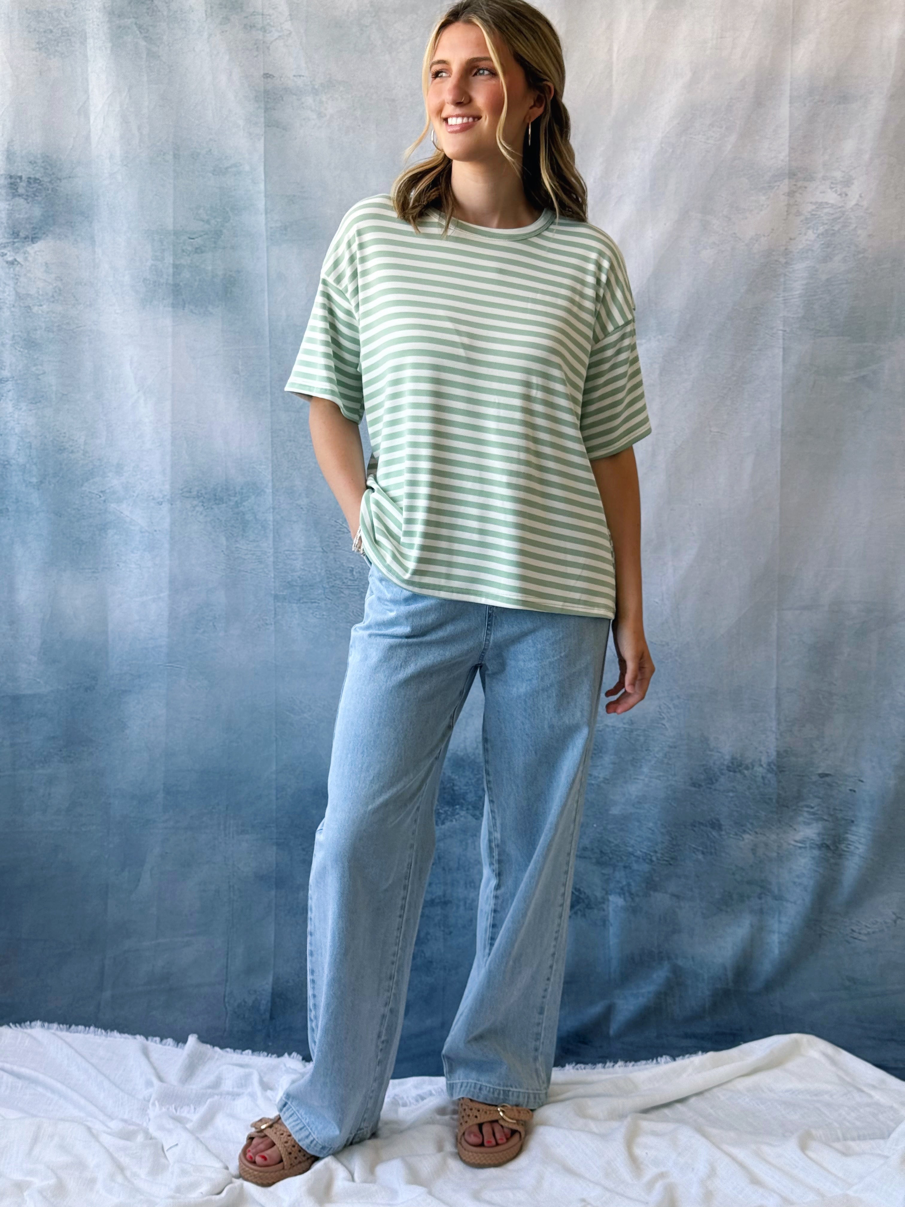Lindsay Tee - SAGE/WHITE - willows clothing S/S SHIRT