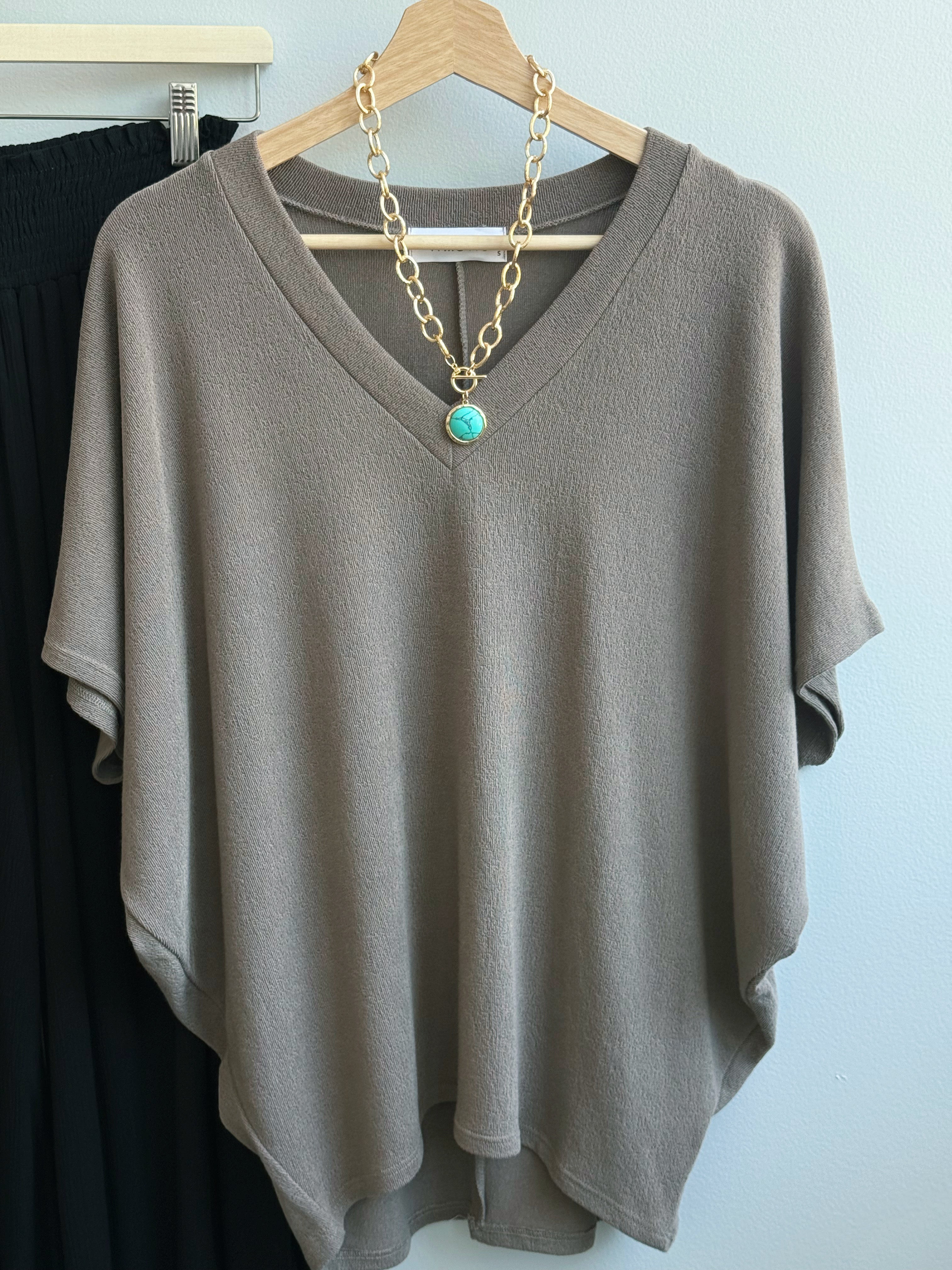 Lori V-Neck Tee - MUSHROOM - willows clothing S/S SHIRT