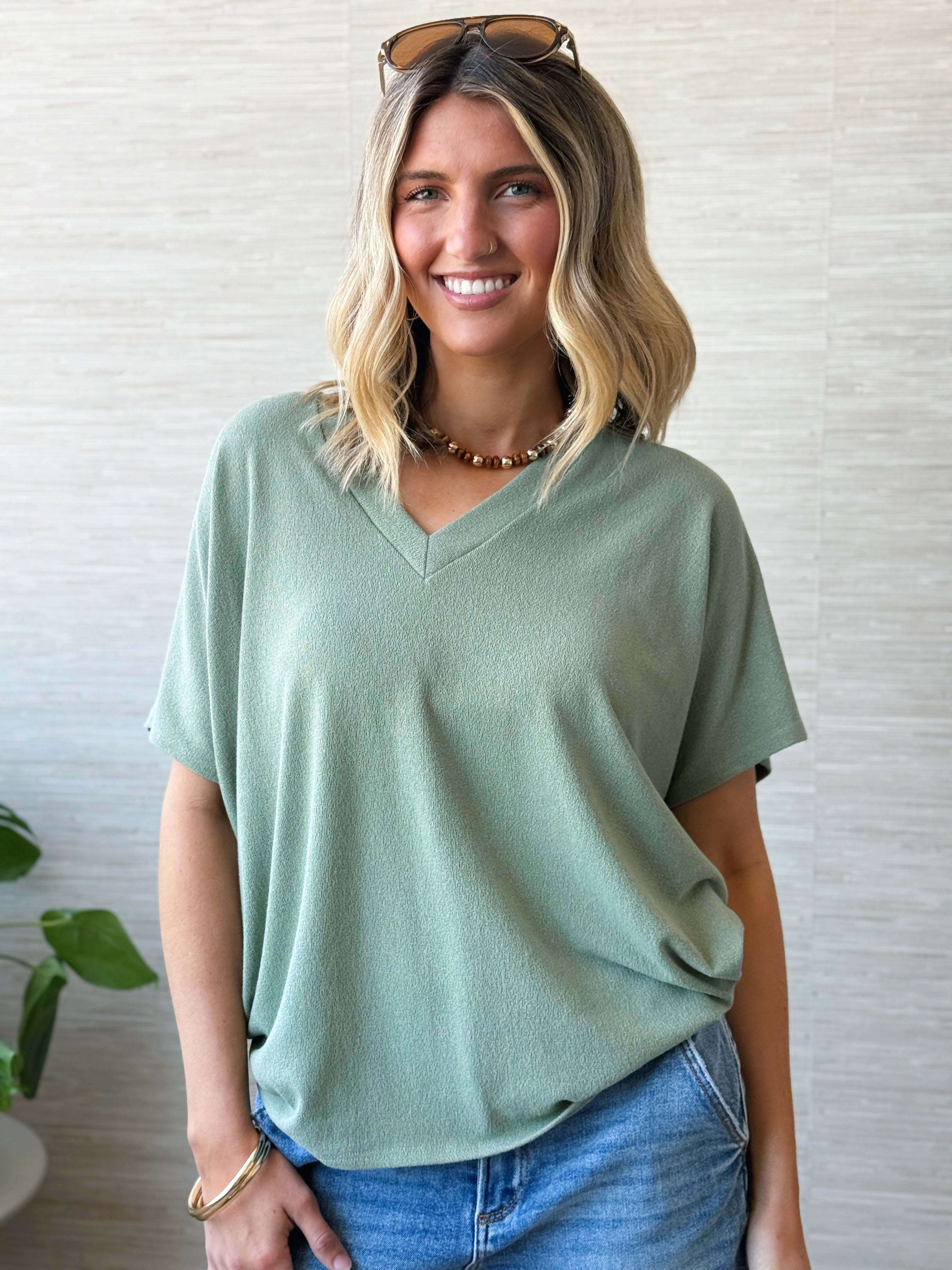 Lori V-Neck Tee - NEW OLIVE - willows clothing S/S Shirt