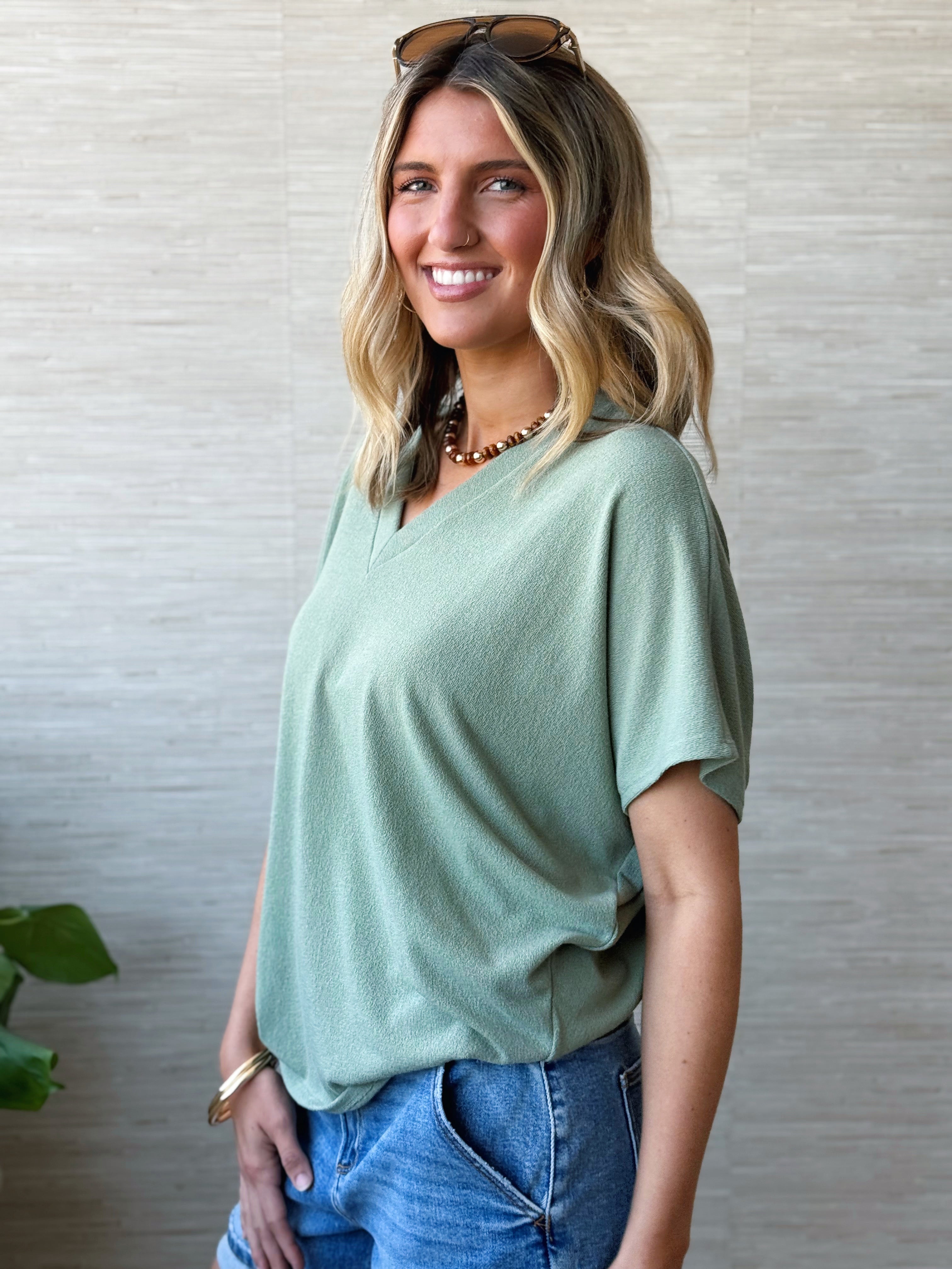 Lori V-Neck Tee - NEW OLIVE - willows clothing S/S Shirt