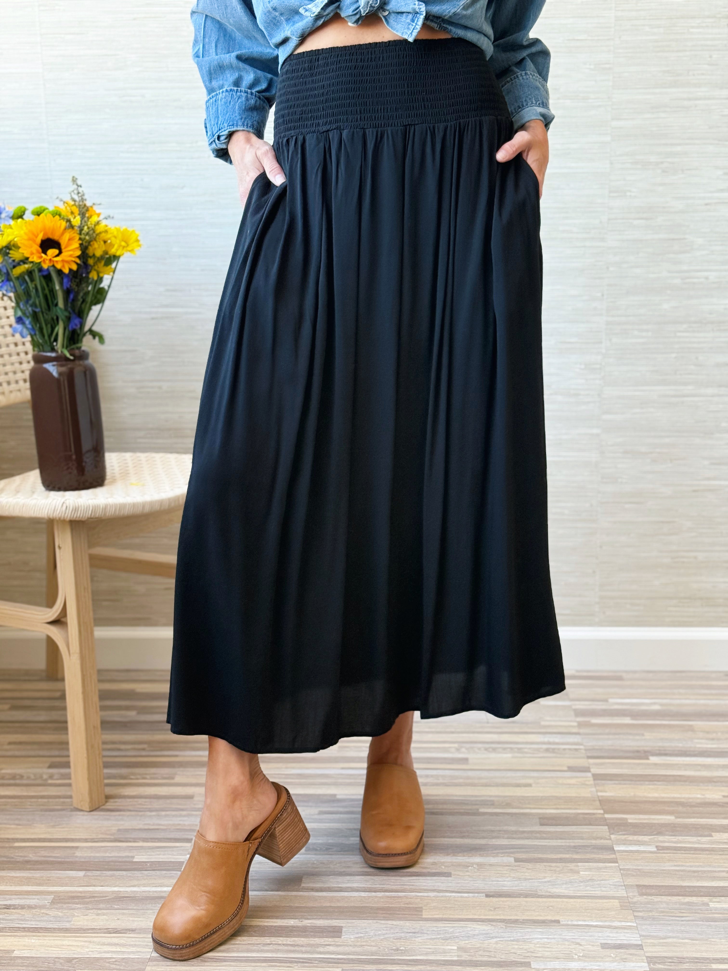 Maple Street Midi Skirt - BLACK - willows clothing MIDI SKIRT