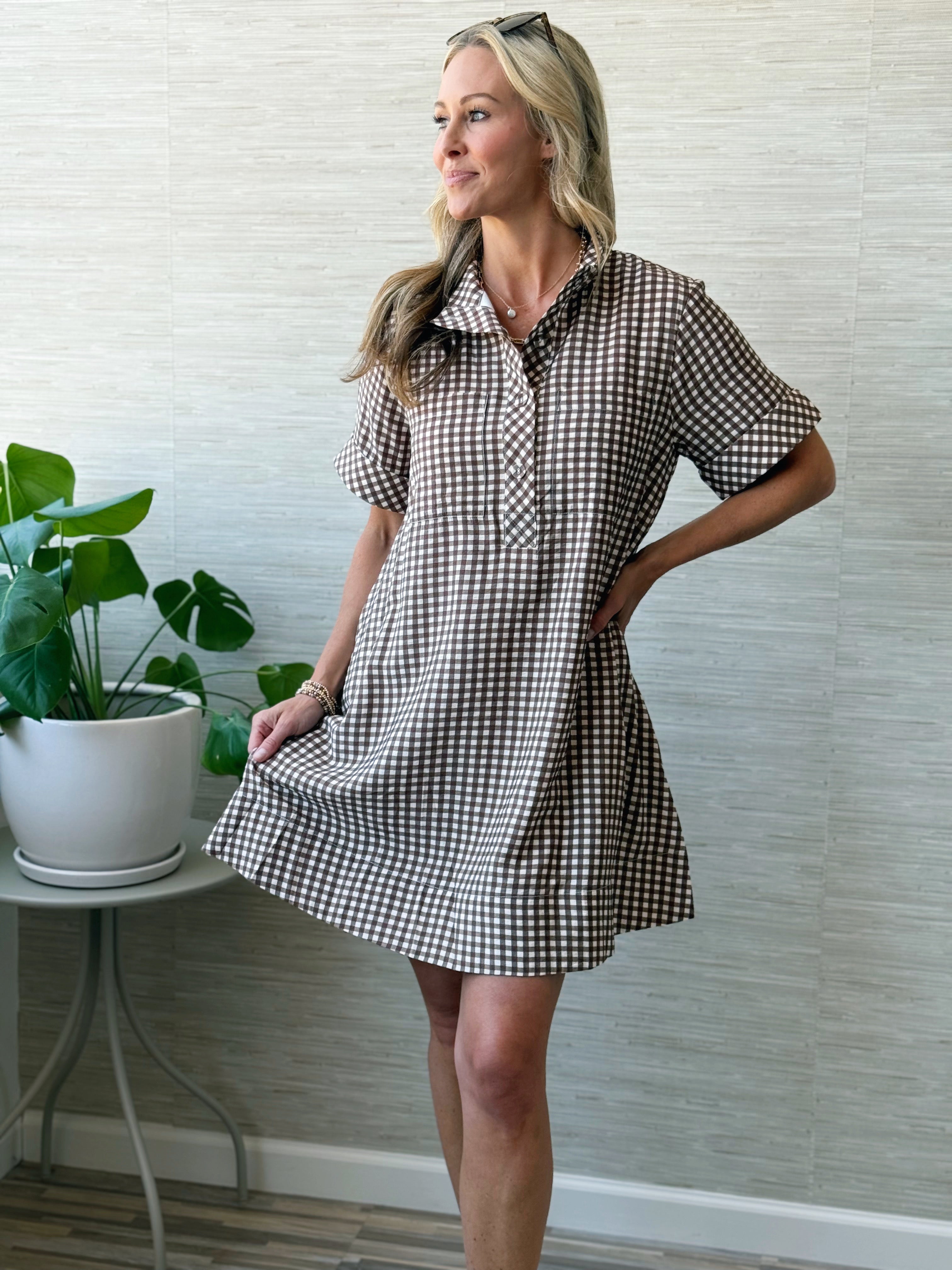 Marceline Gingham Shirt Dress - BROWN - willows clothing SHORT DRESS
