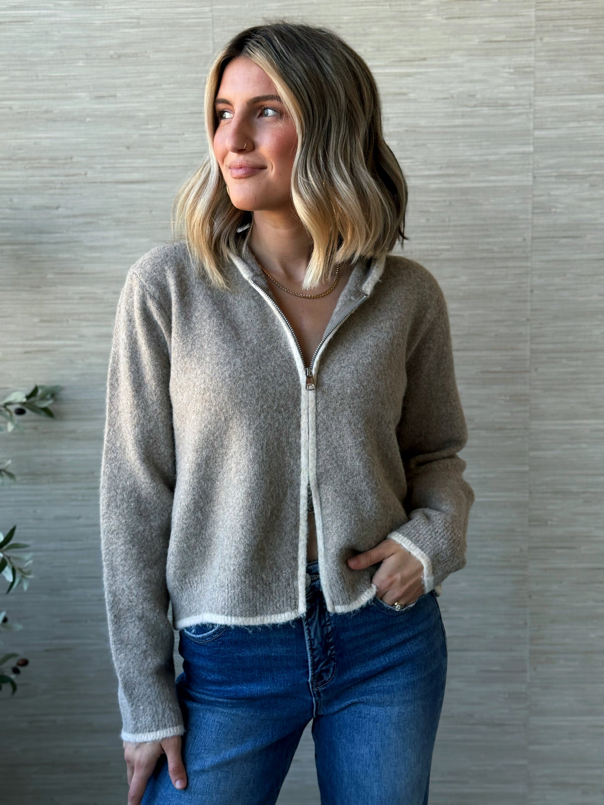Mazie Zip-Up Cardigan - MOCHA - willows clothing Cardigan