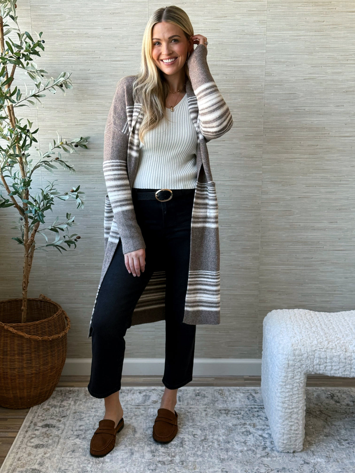 Mel Stripe Cardigan - MOCHA MULTI - willows clothing Cardigan