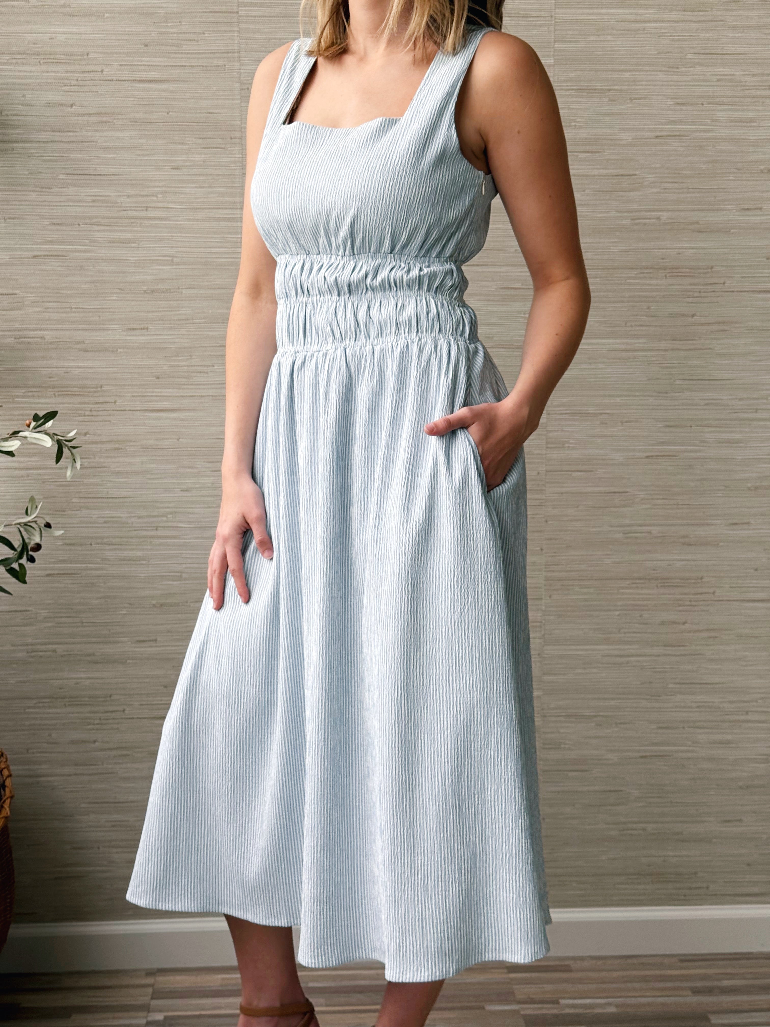 Nell Dress - CREAM/BLUE - willows clothing MIDI DRESS