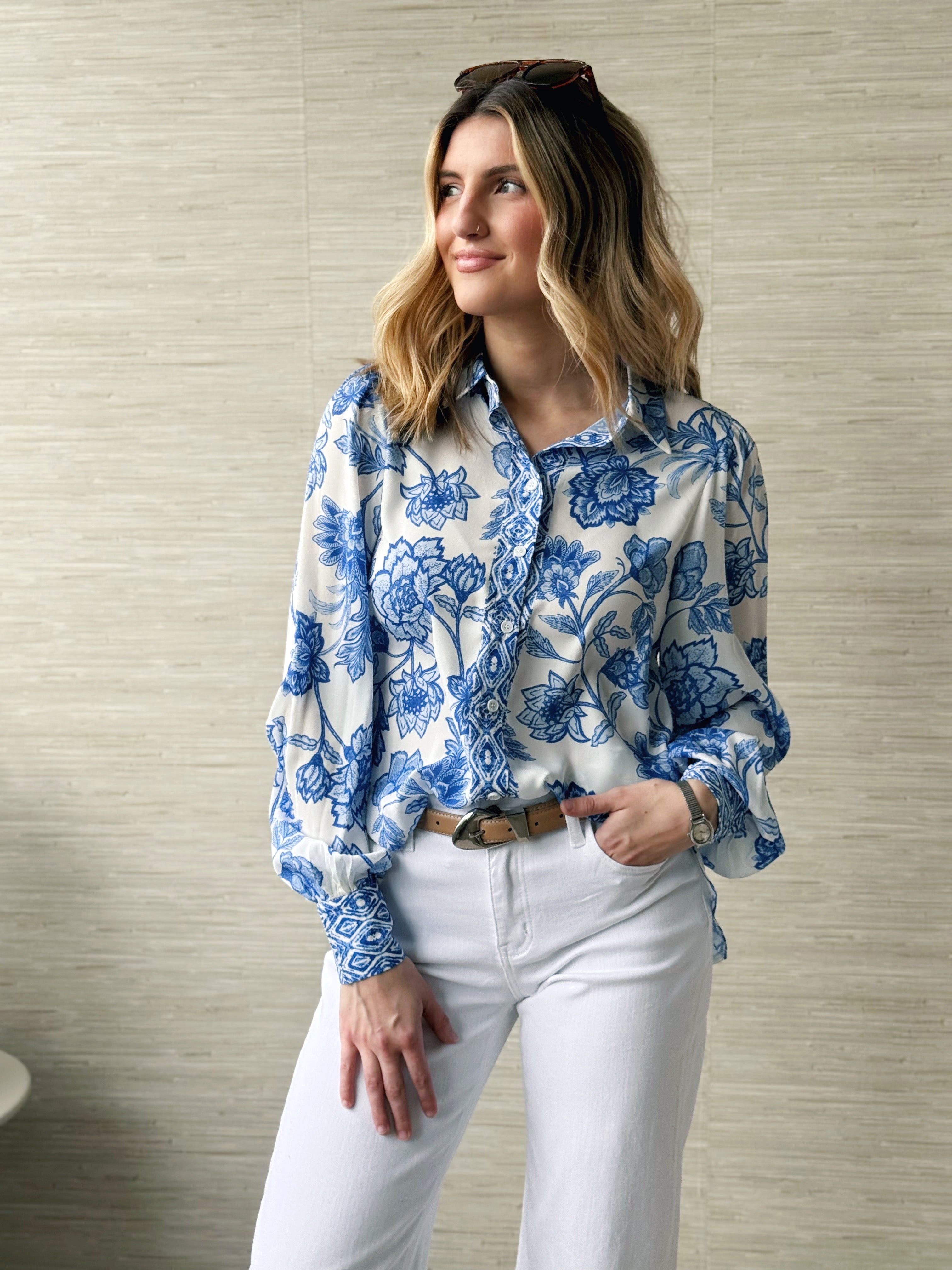 Phoebe Blouse - OFF WHITE/BLUE - willows clothing BLOUSE