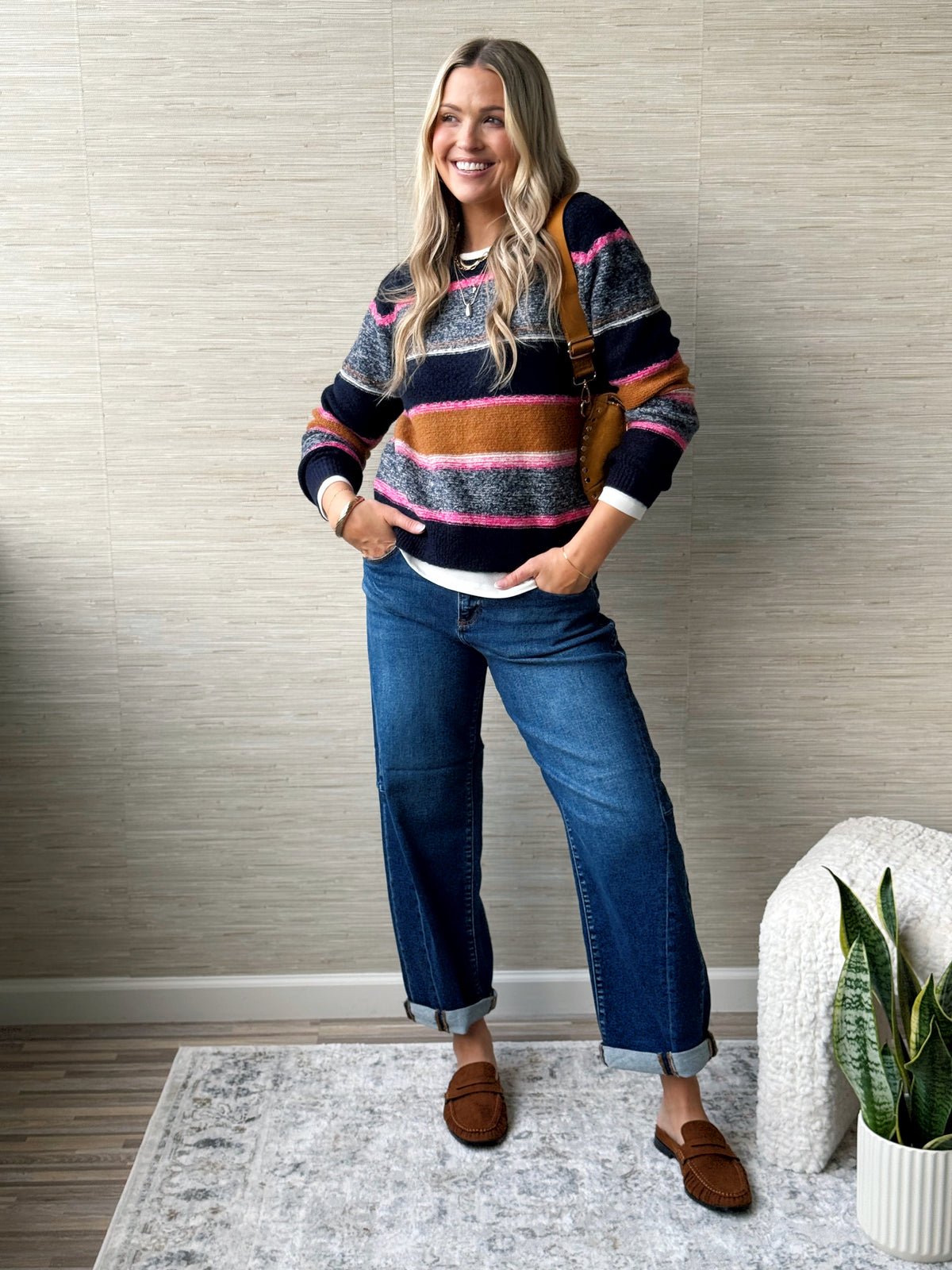 Pink Lady Striped Sweater - NAVY/PINK - willows clothing SWEATER