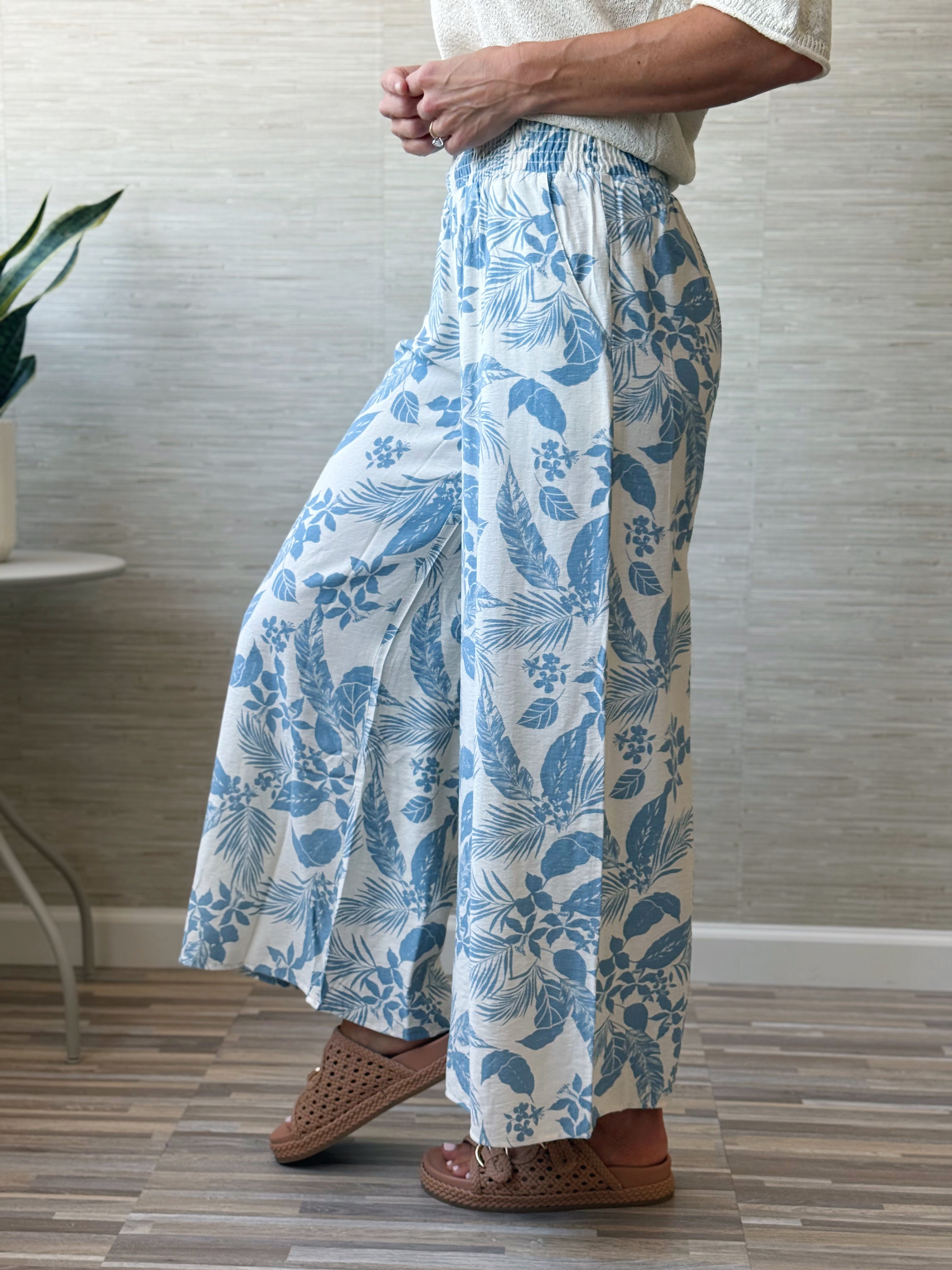 Printed Free Flowing Pants - IVORY/BLUE - willows clothing PANTS