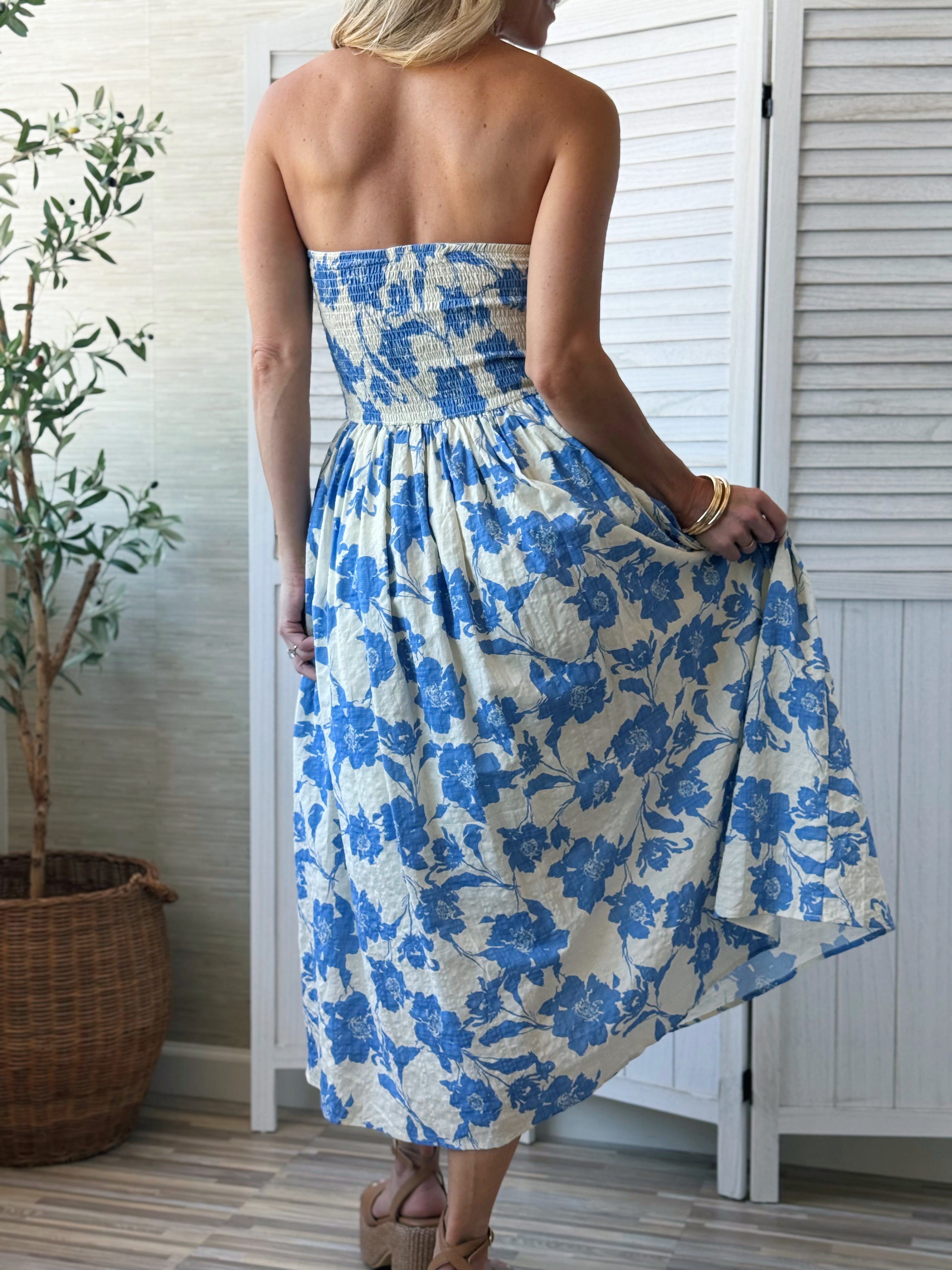 Rosanna Dress - IVORY/BLUE - willows clothing MIDI DRESS