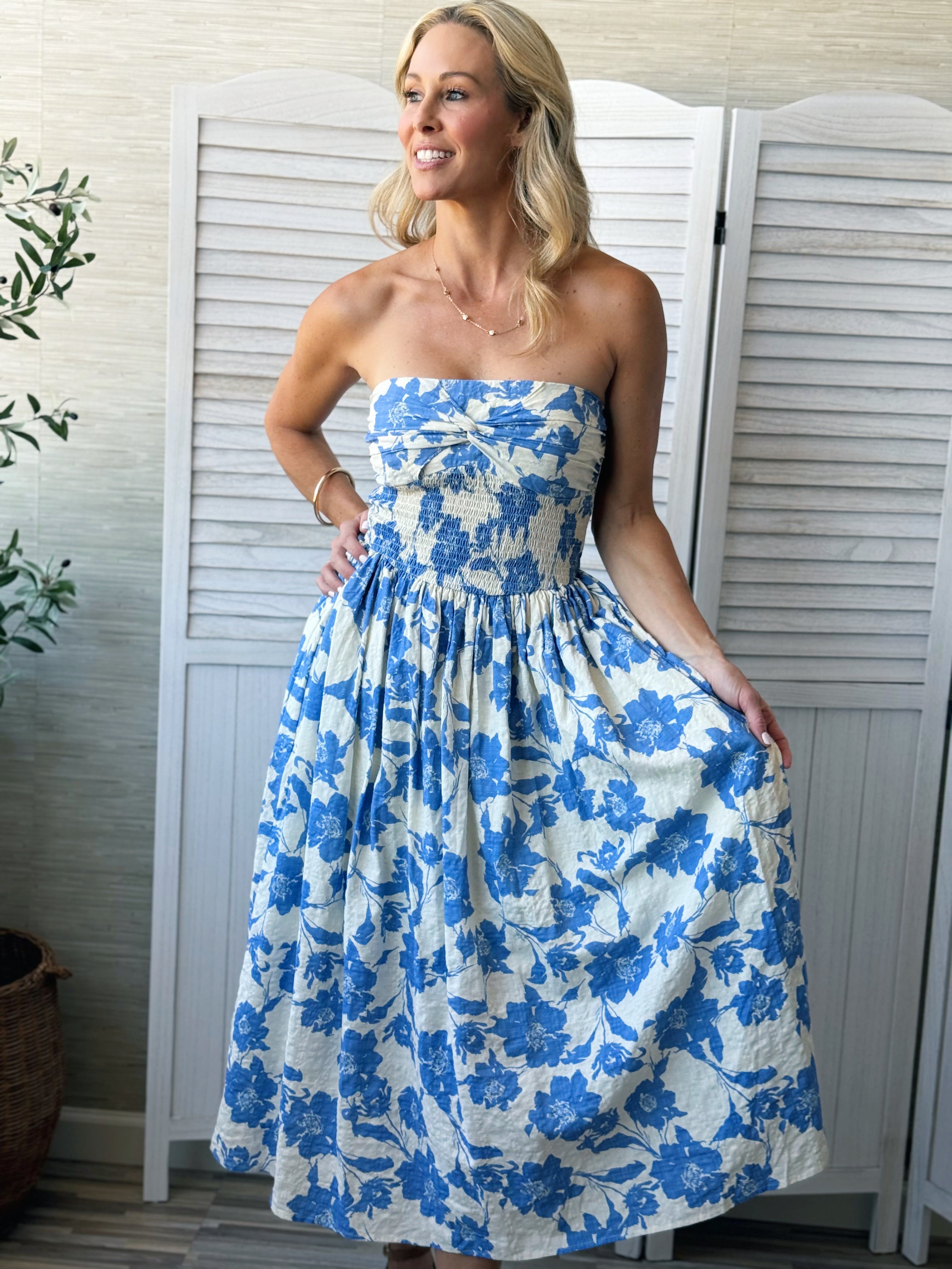 Rosanna Dress - IVORY/BLUE - willows clothing MIDI DRESS