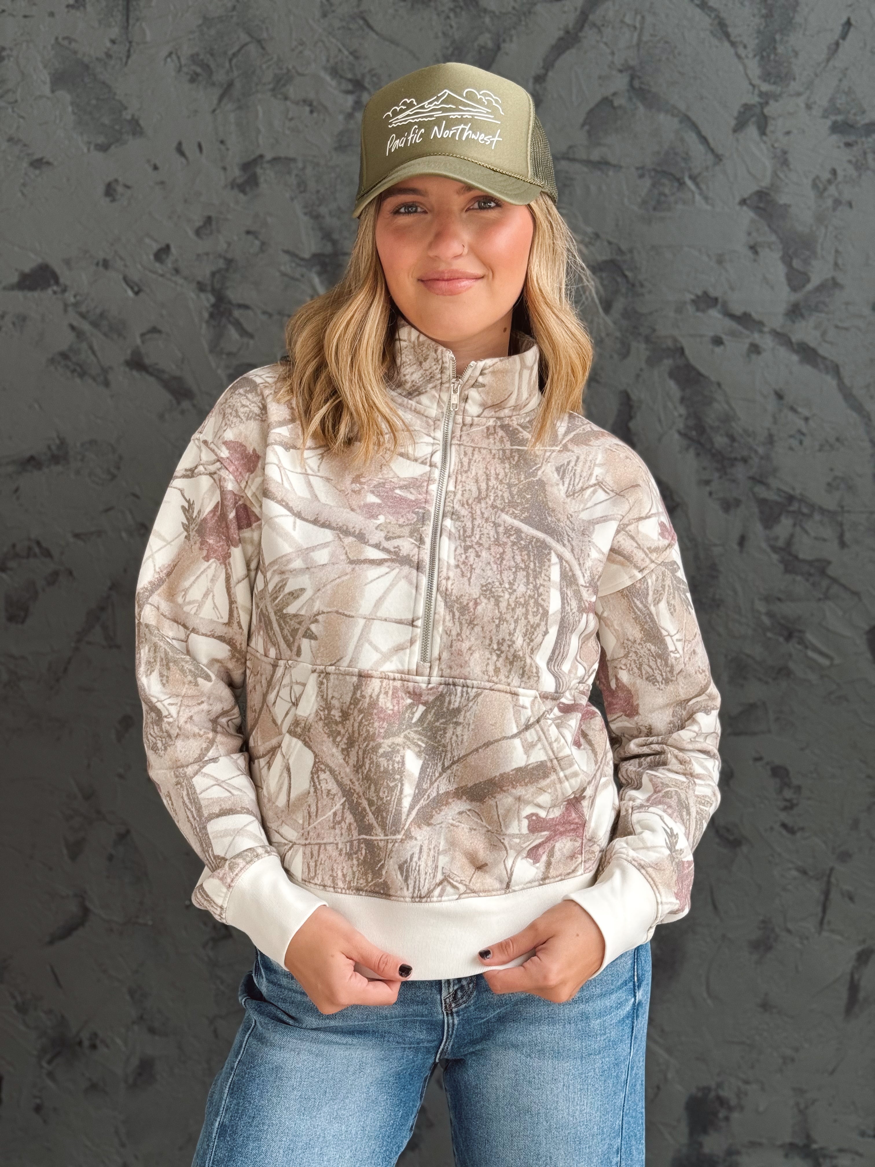 Savannah Half Zip Sweatshirt - MAUVE CAMO - willows clothing SWEATSHIRT