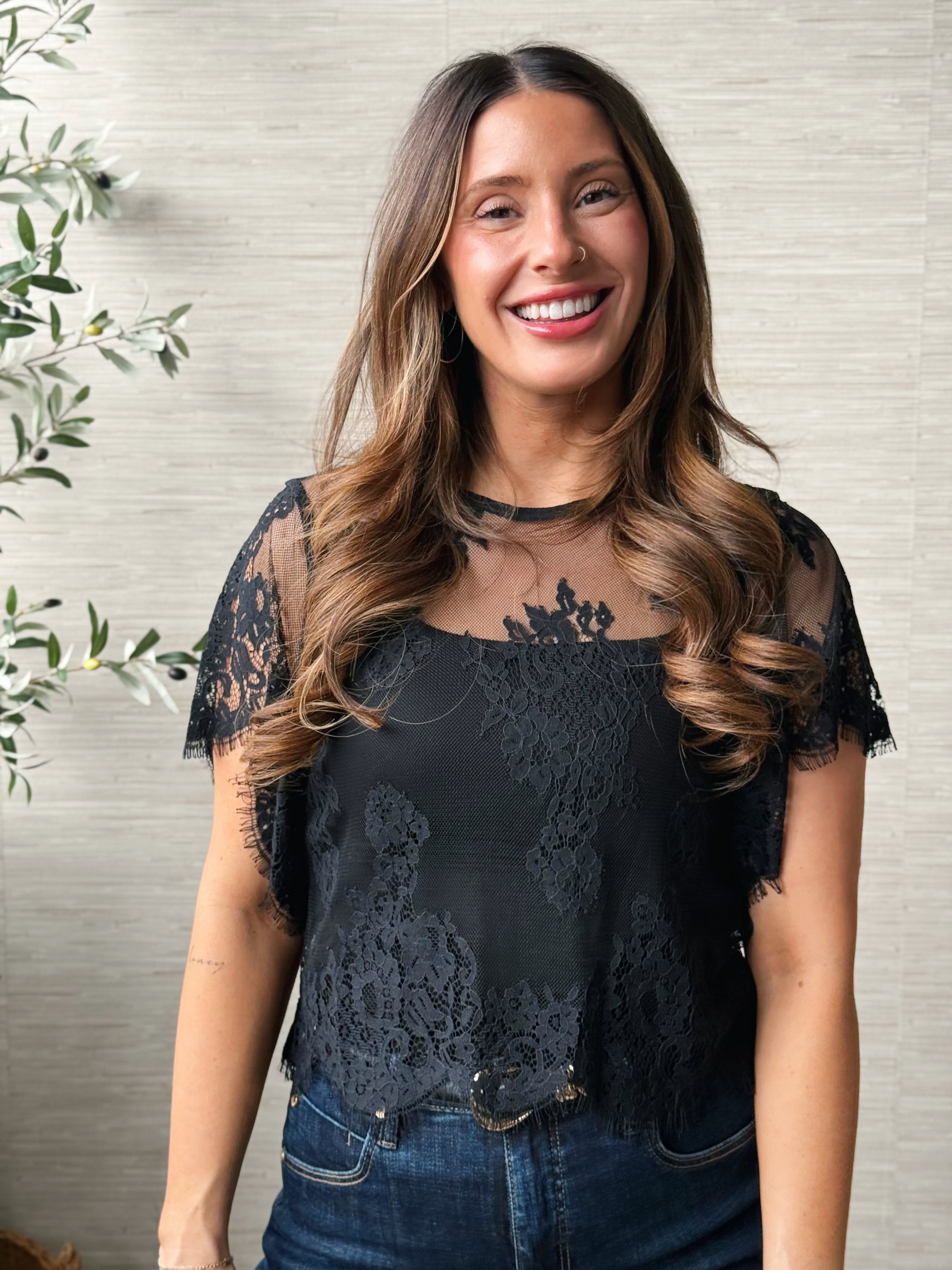 Sheer Lace Tee - BLACK - willows clothing BLOUSE