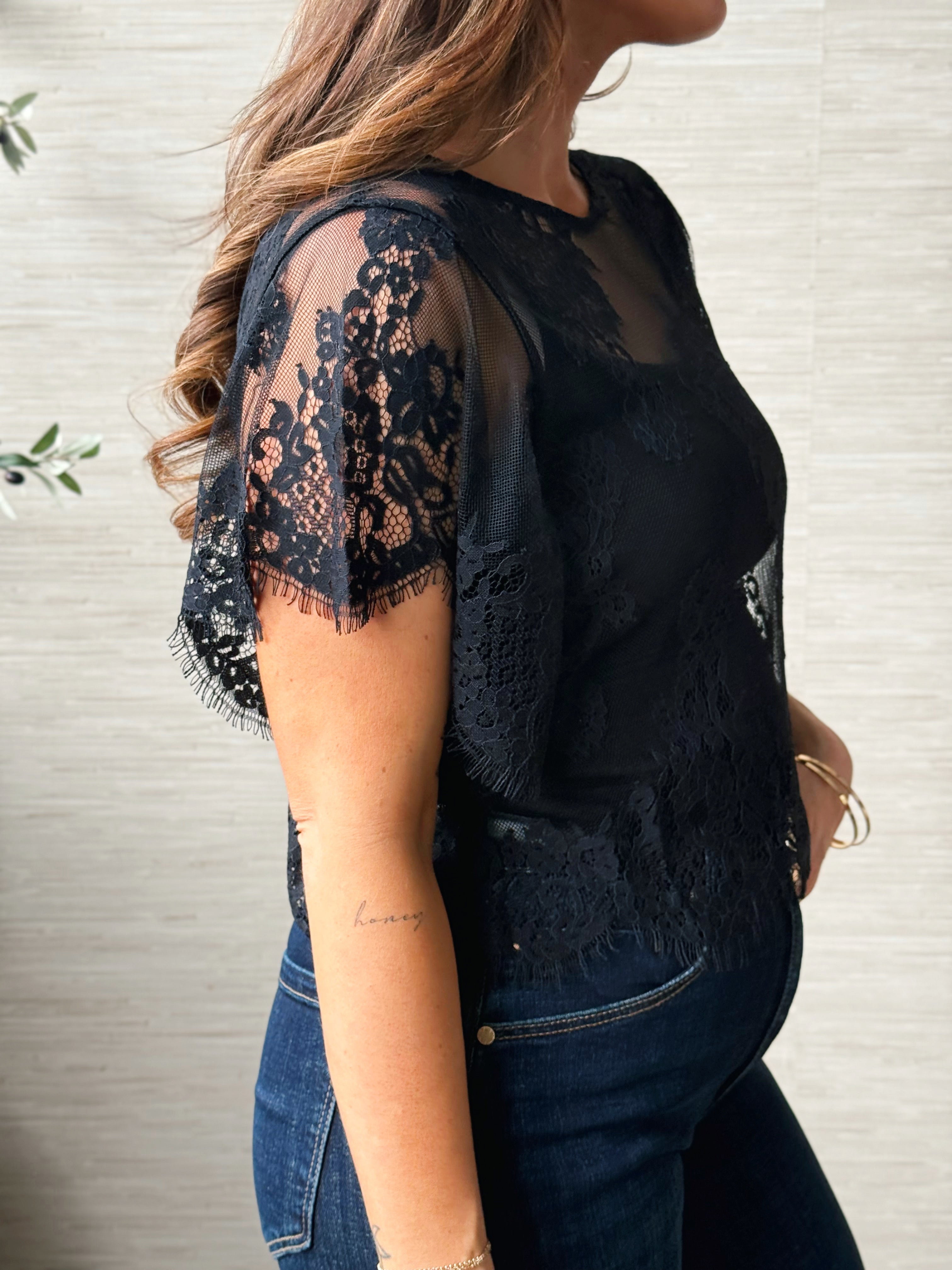 Sheer Lace Tee - BLACK - willows clothing BLOUSE