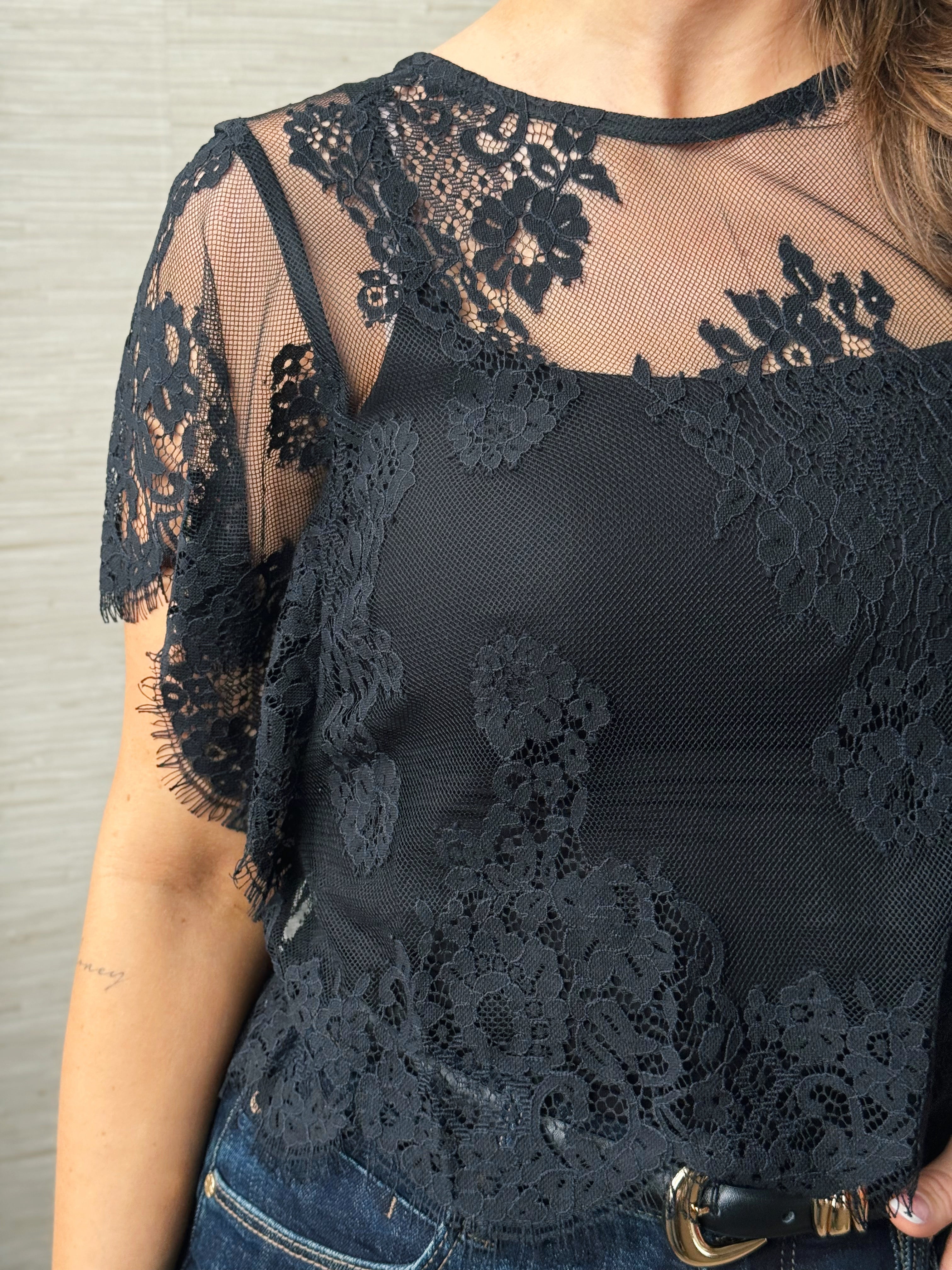 Sheer Lace Tee - BLACK - willows clothing BLOUSE
