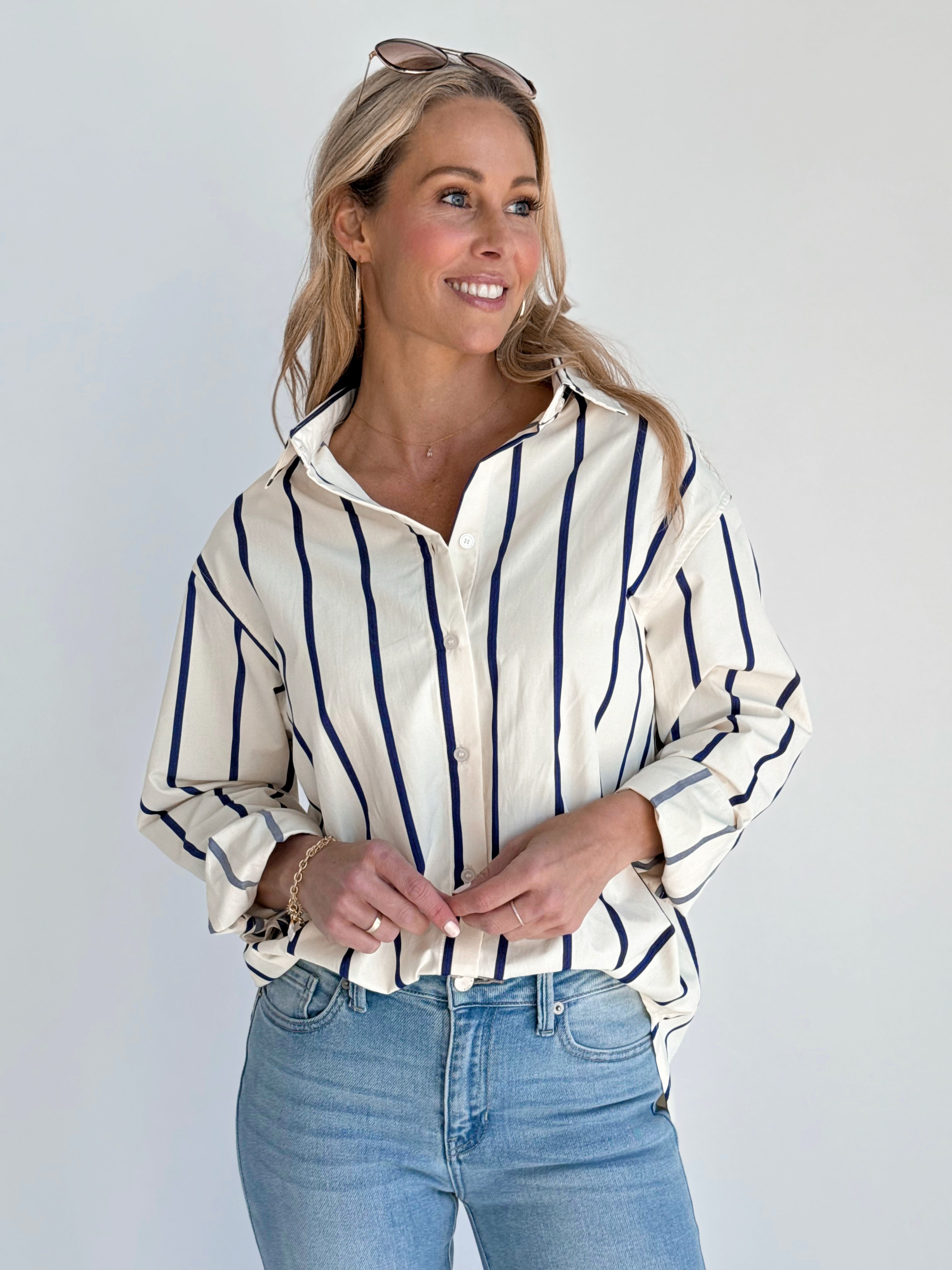 Skipper Top - IVORY/BLUE - willows clothing L/S SHIRT