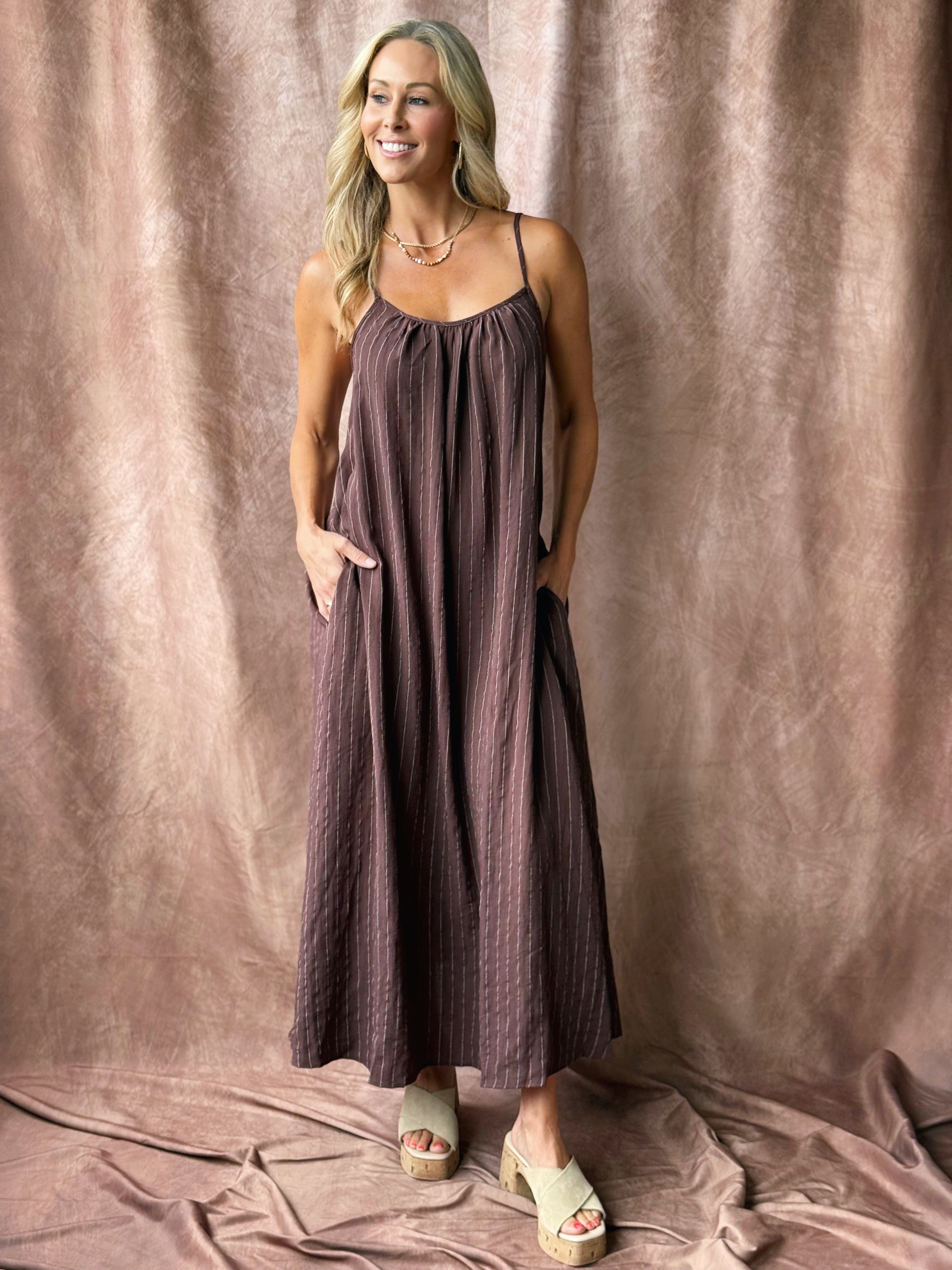 Spiced Chai Maxi Dress - BROWN STRIPE - willows clothing Long Dress