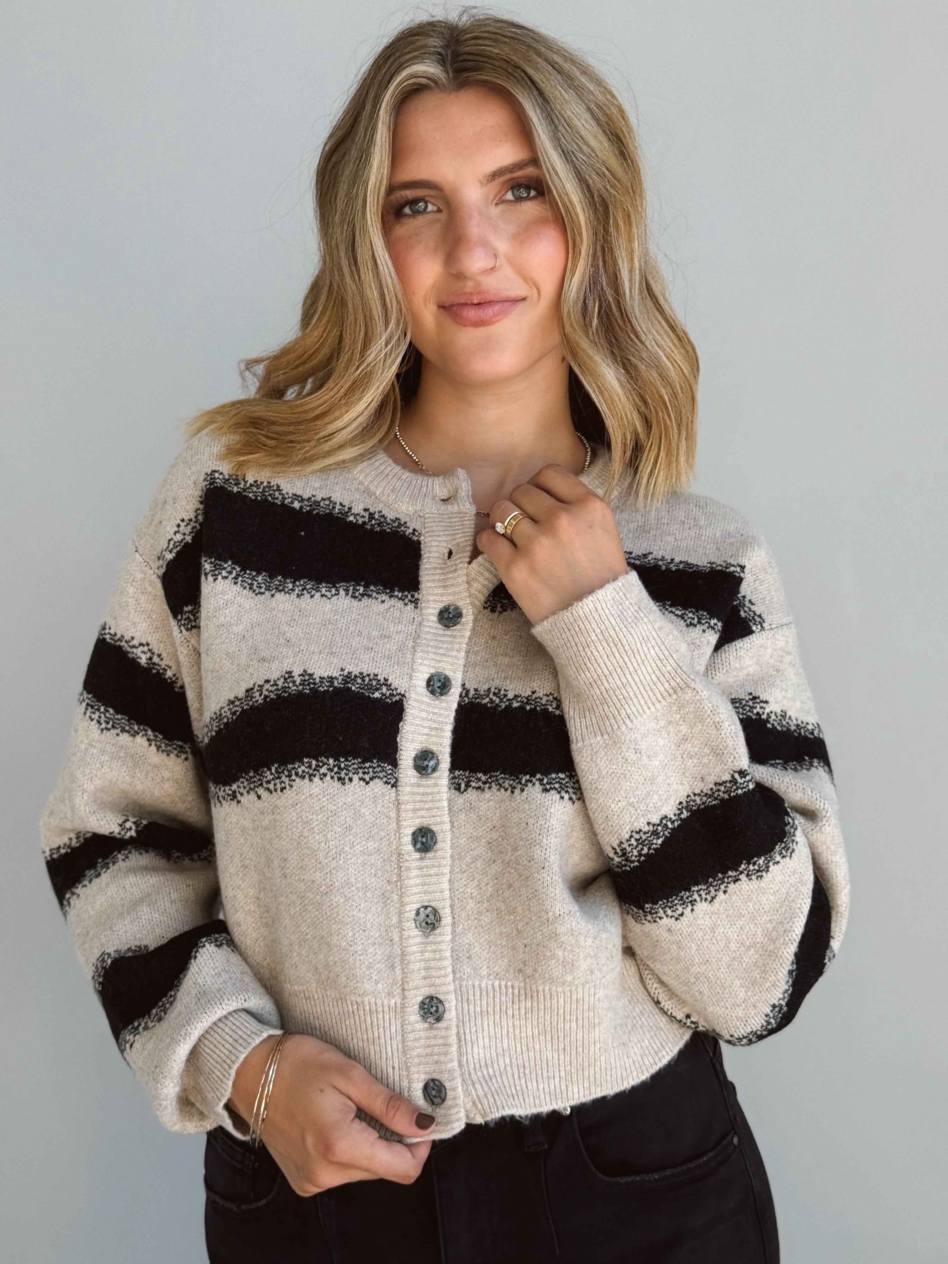 Spiced Cider Cardigan - STONE/BLACK - willows clothing Cardigan