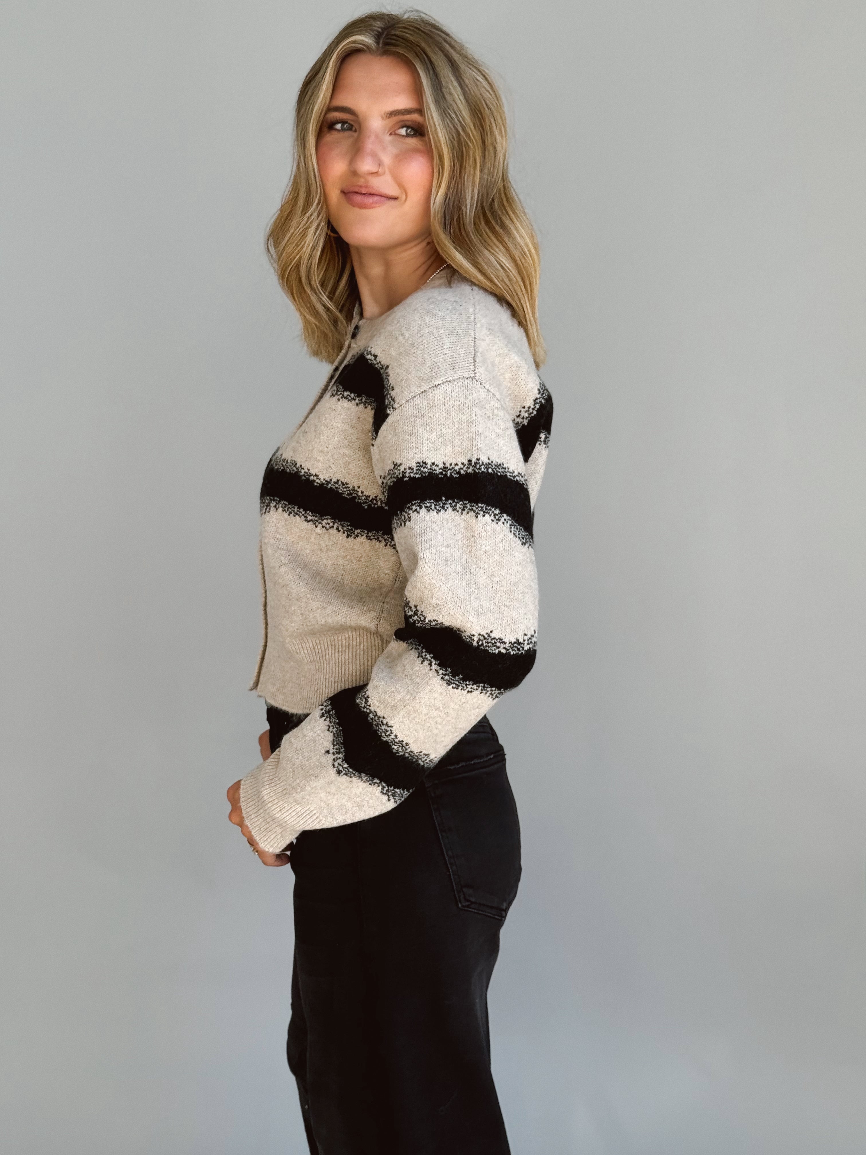 Spiced Cider Cardigan - STONE/BLACK - willows clothing Cardigan