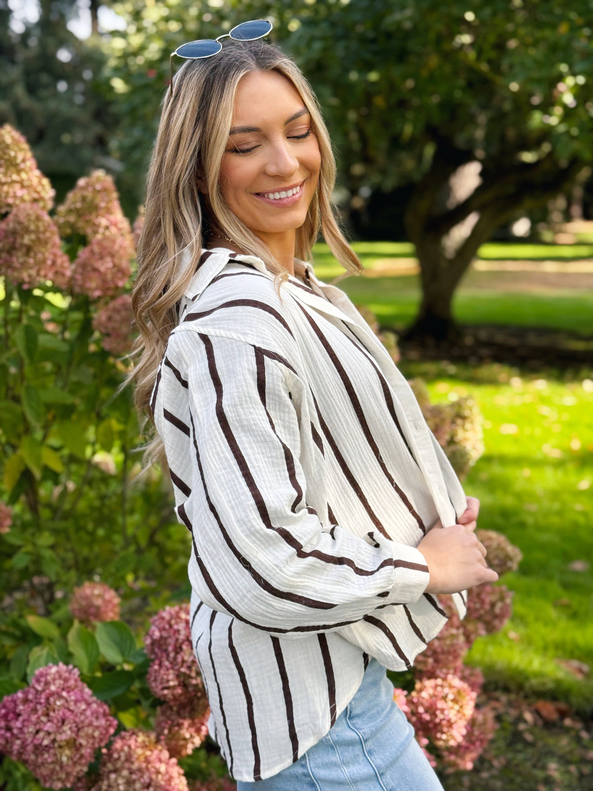 Sunshine Top - CREAM/BROWN STRIPE - willows clothing L/S SHIRT
