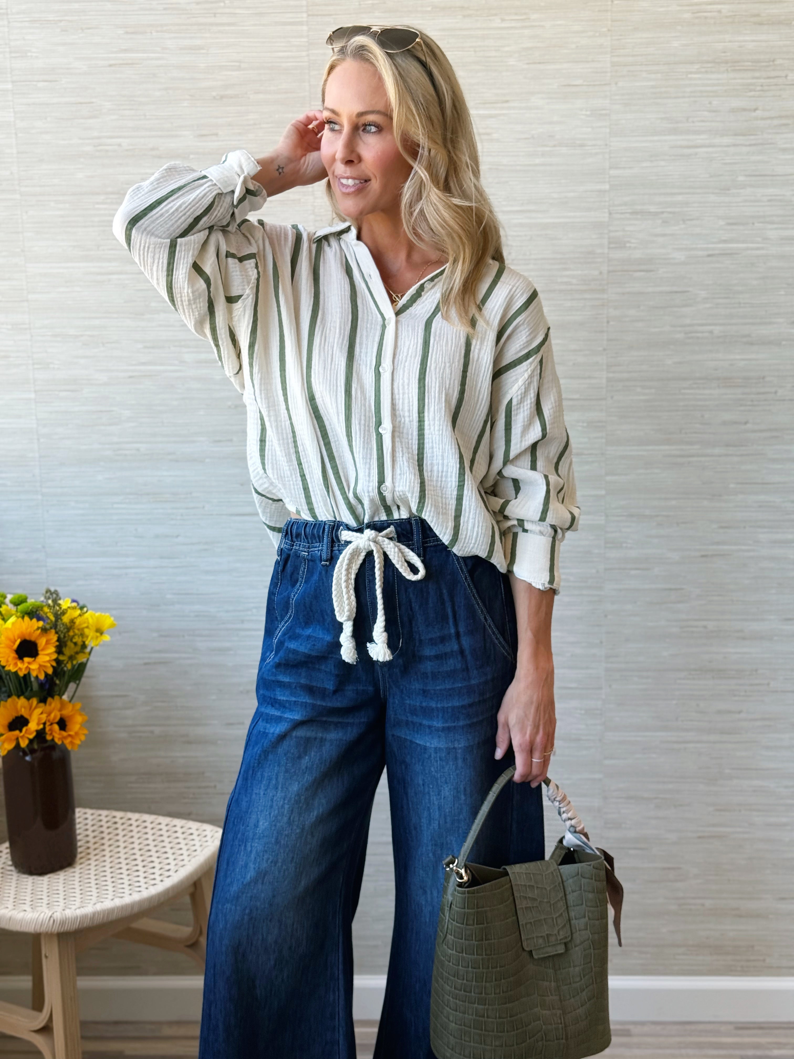 Sunshine Top - CREAM/OLIVE STRIPE - willows clothing L/S SHIRT