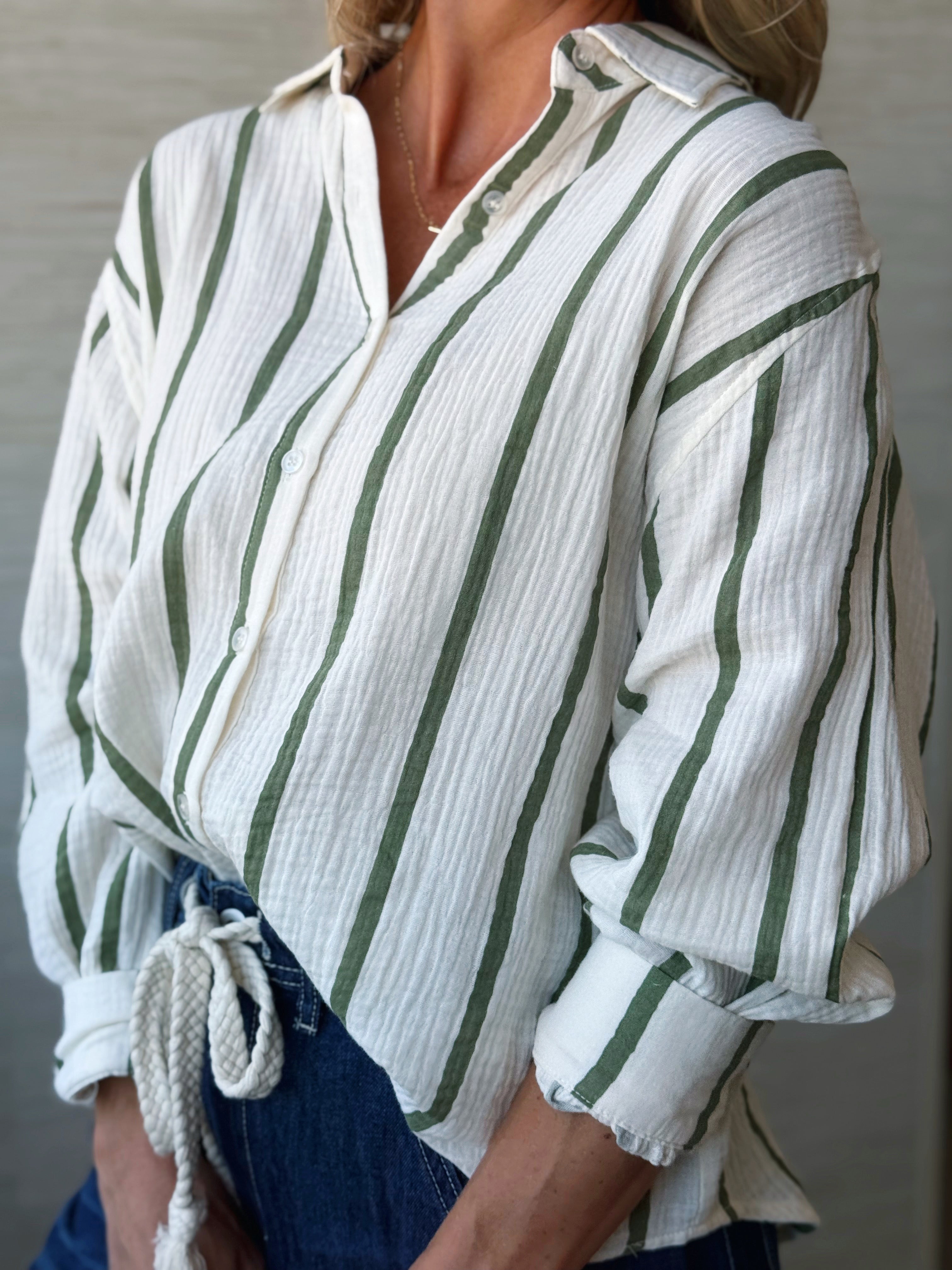 Sunshine Top - CREAM/OLIVE STRIPE - willows clothing L/S SHIRT