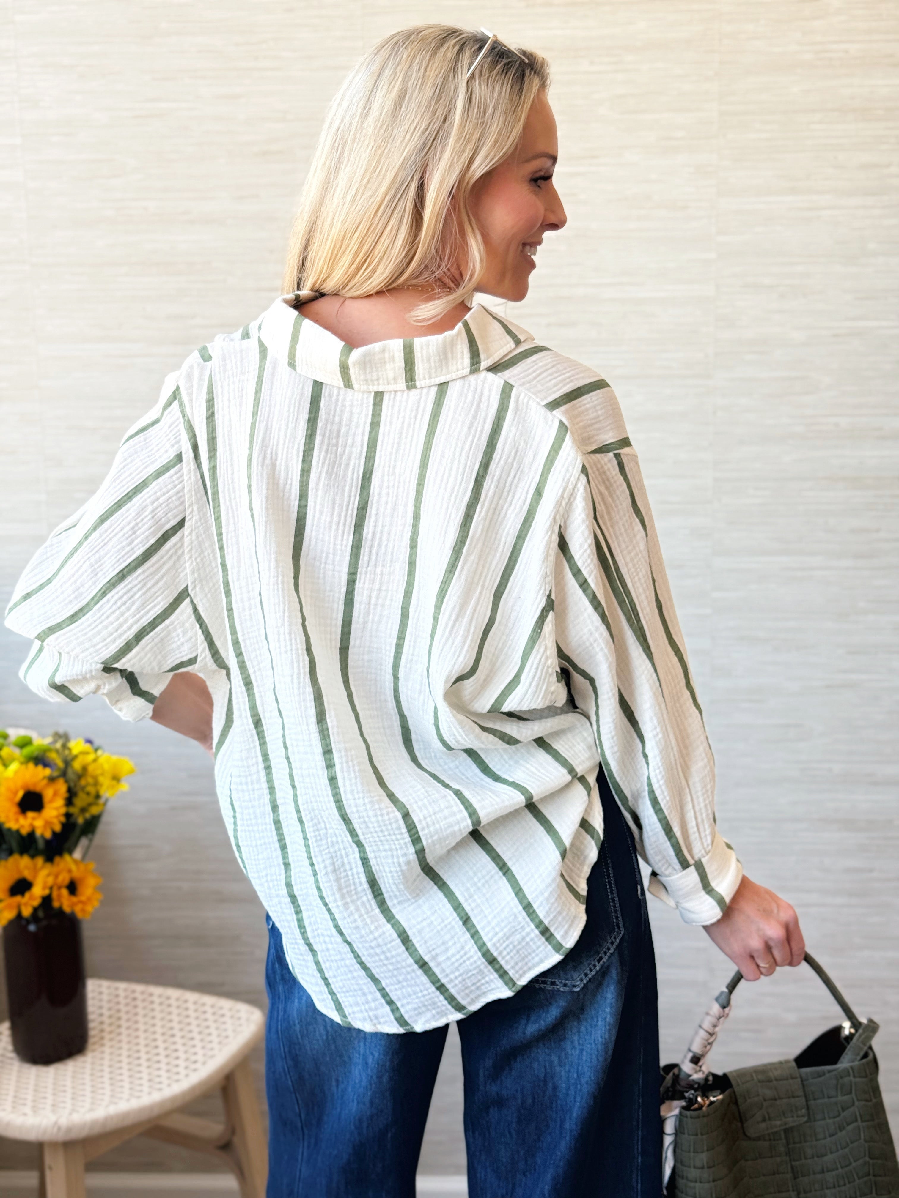 Sunshine Top - CREAM/OLIVE STRIPE - willows clothing L/S SHIRT