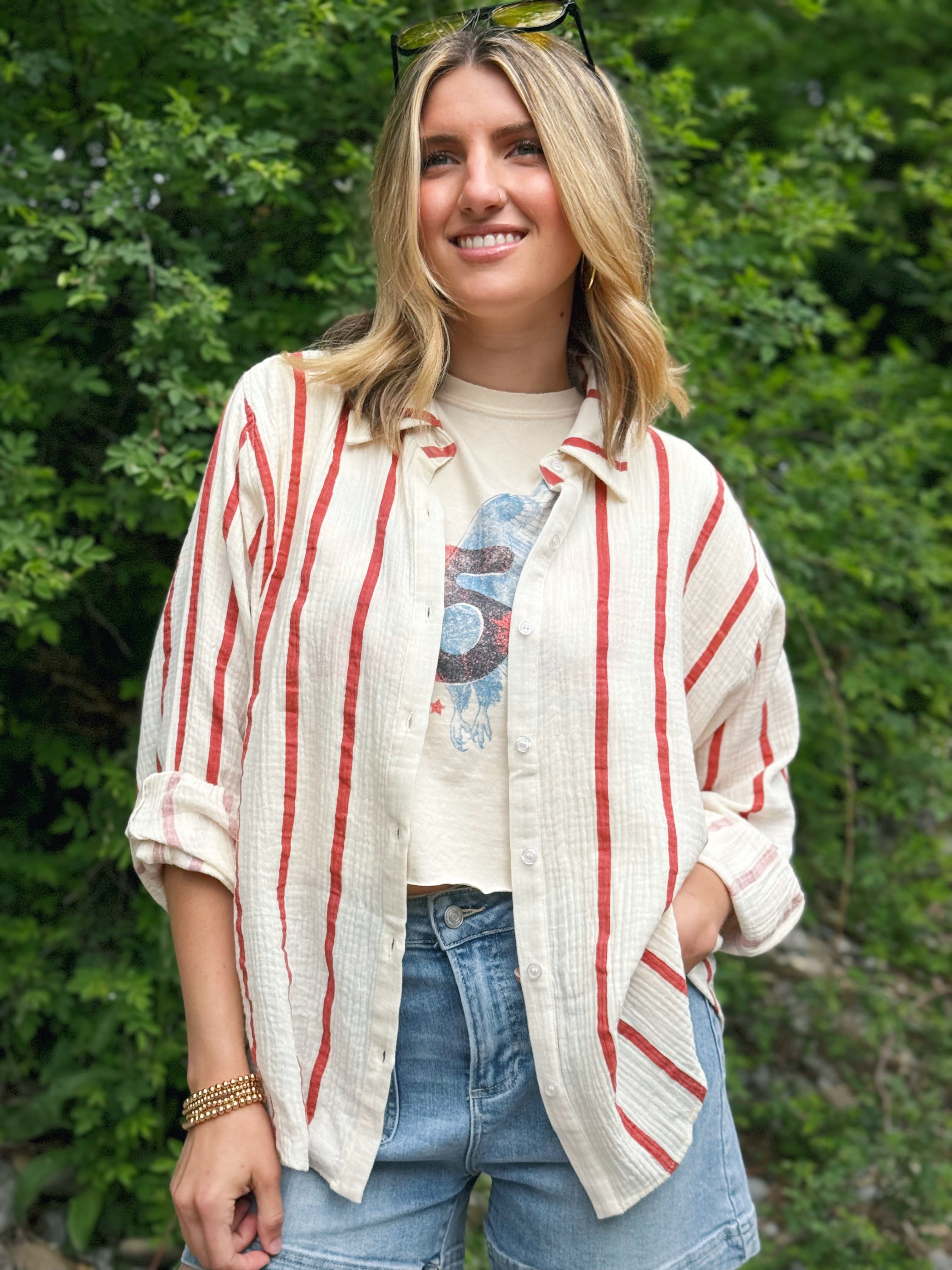 Sunshine Top - CREAM/RED STRIPE - willows clothing L/S SHIRT