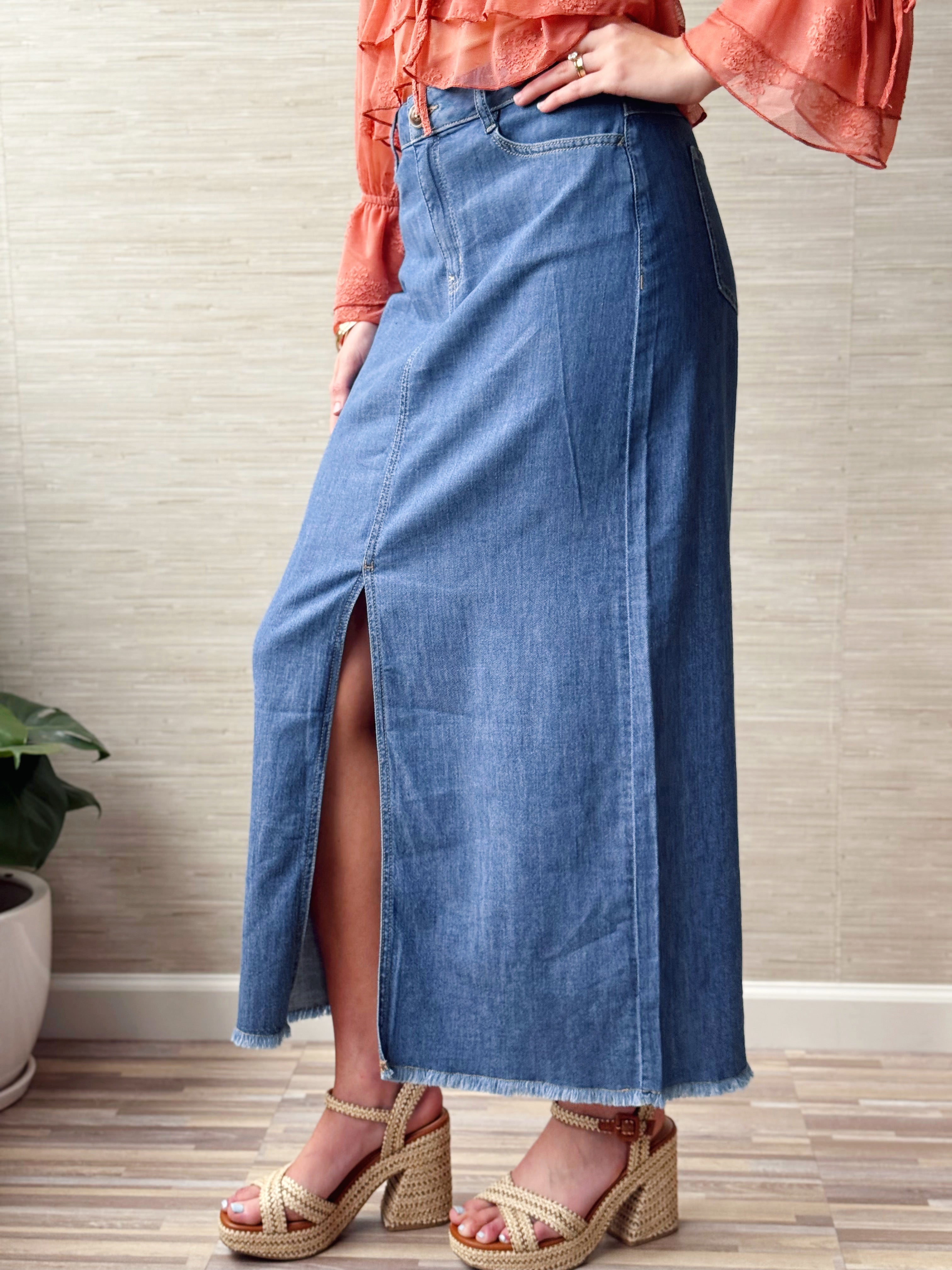 [TRIBAL] Denim Maxi Skirt - FJORDBLUE - willows clothing long skirt