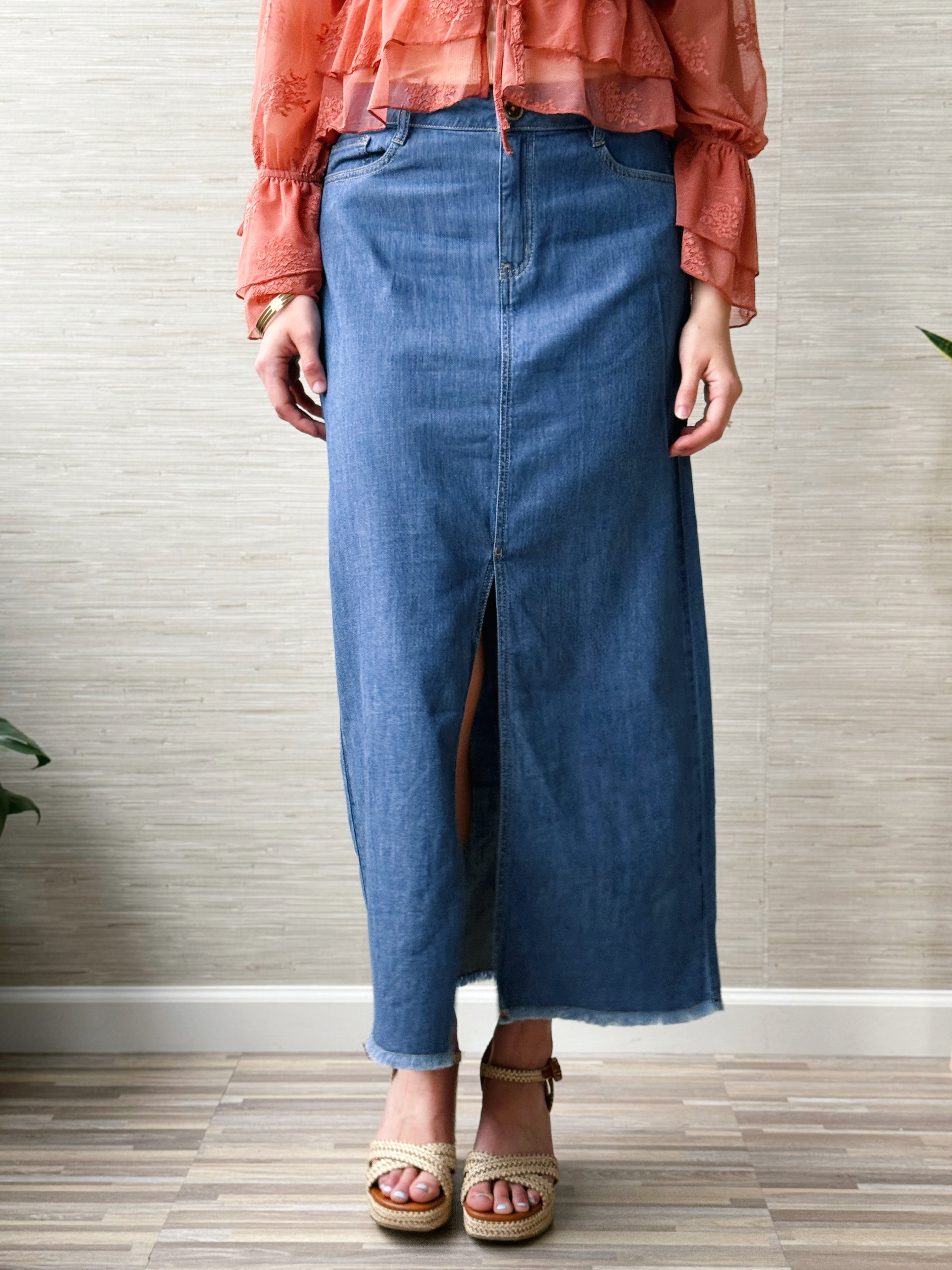 [TRIBAL] Denim Maxi Skirt - FJORDBLUE - willows clothing long skirt