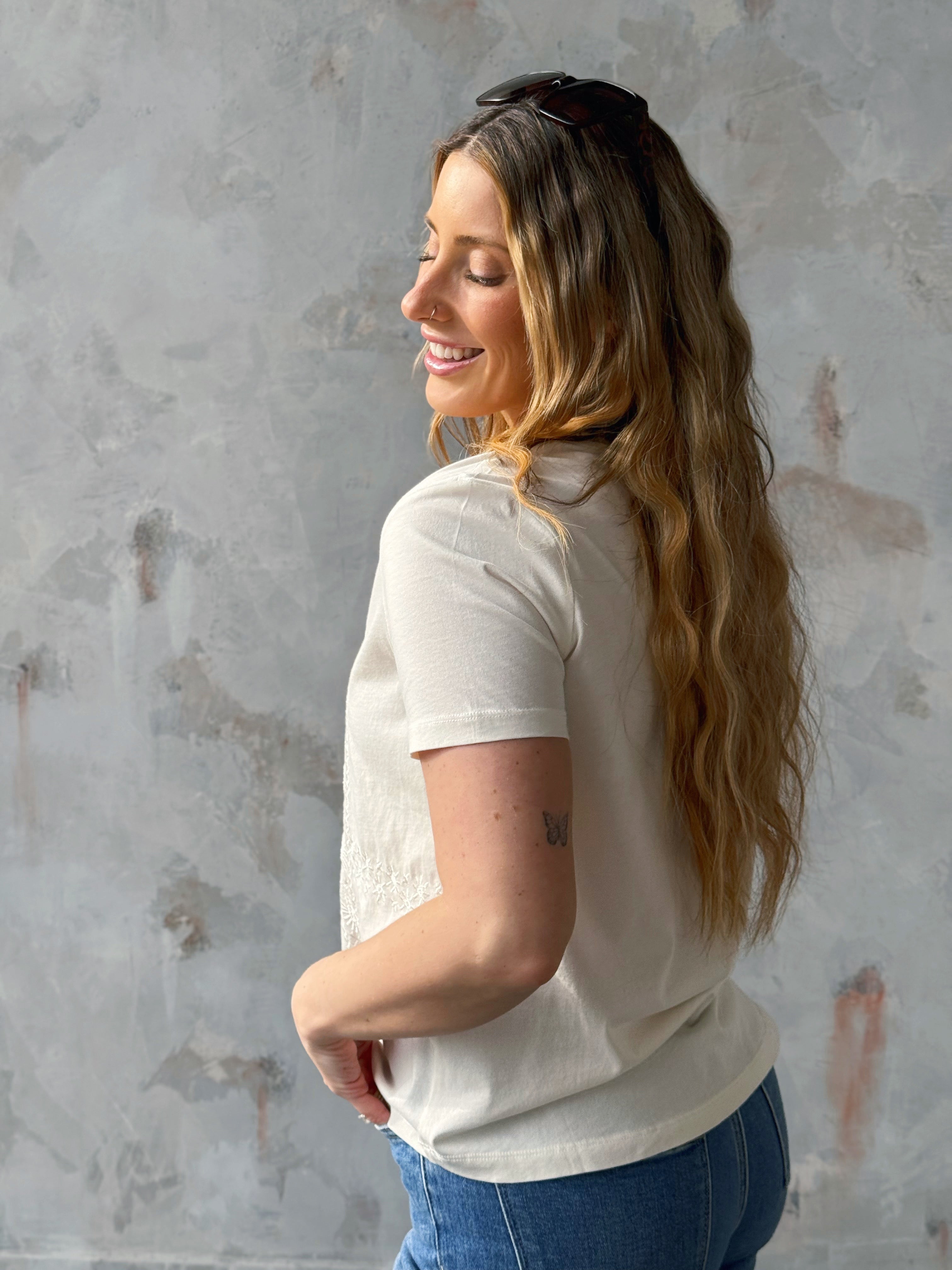 [TRIBAL] Flora Embroidered Tee - EGGSHELL - willows clothing S/S SHIRT