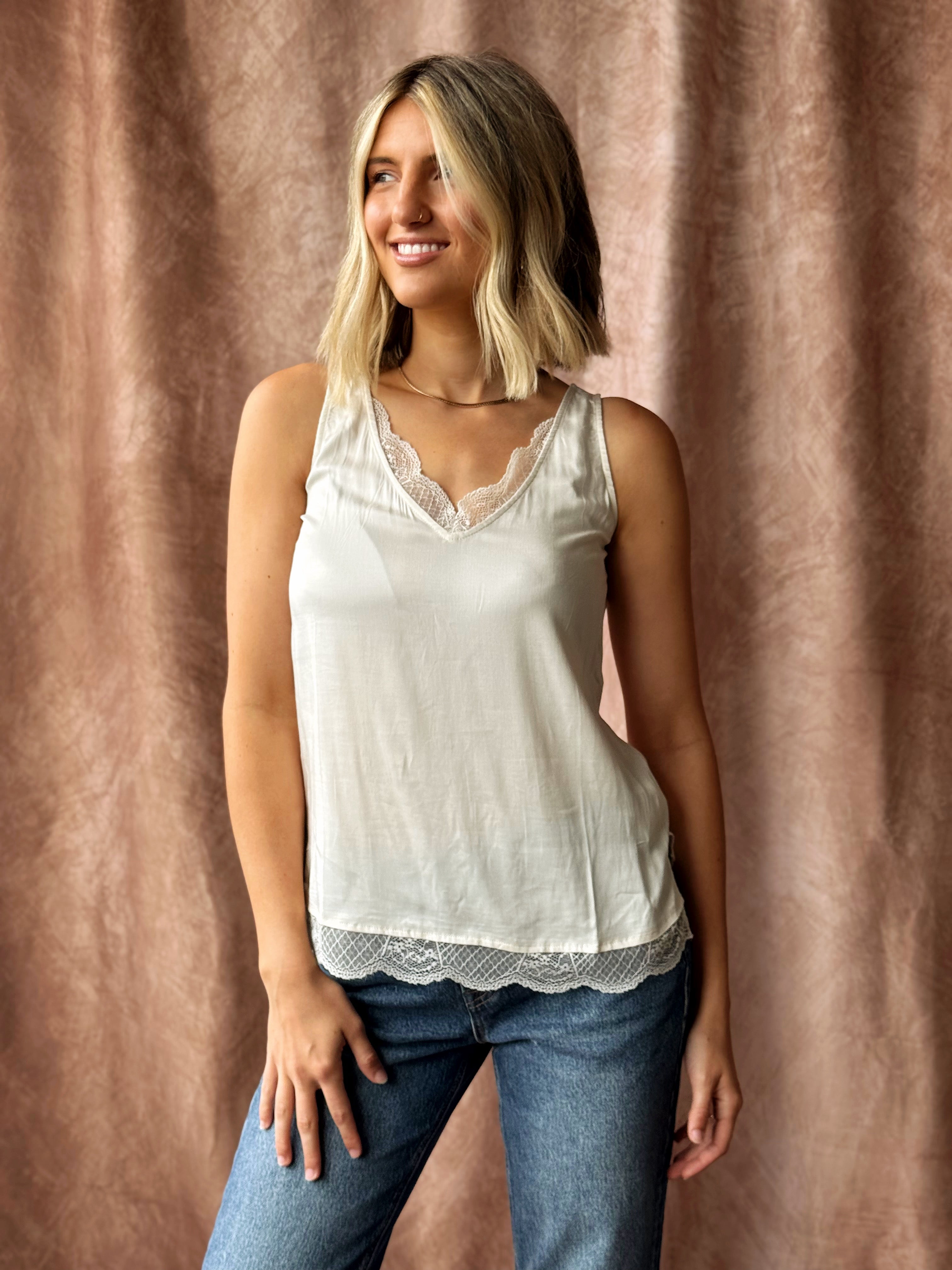 [TRIBAL] Lace Trim Darling Tank - CREAM - willows clothing TANK