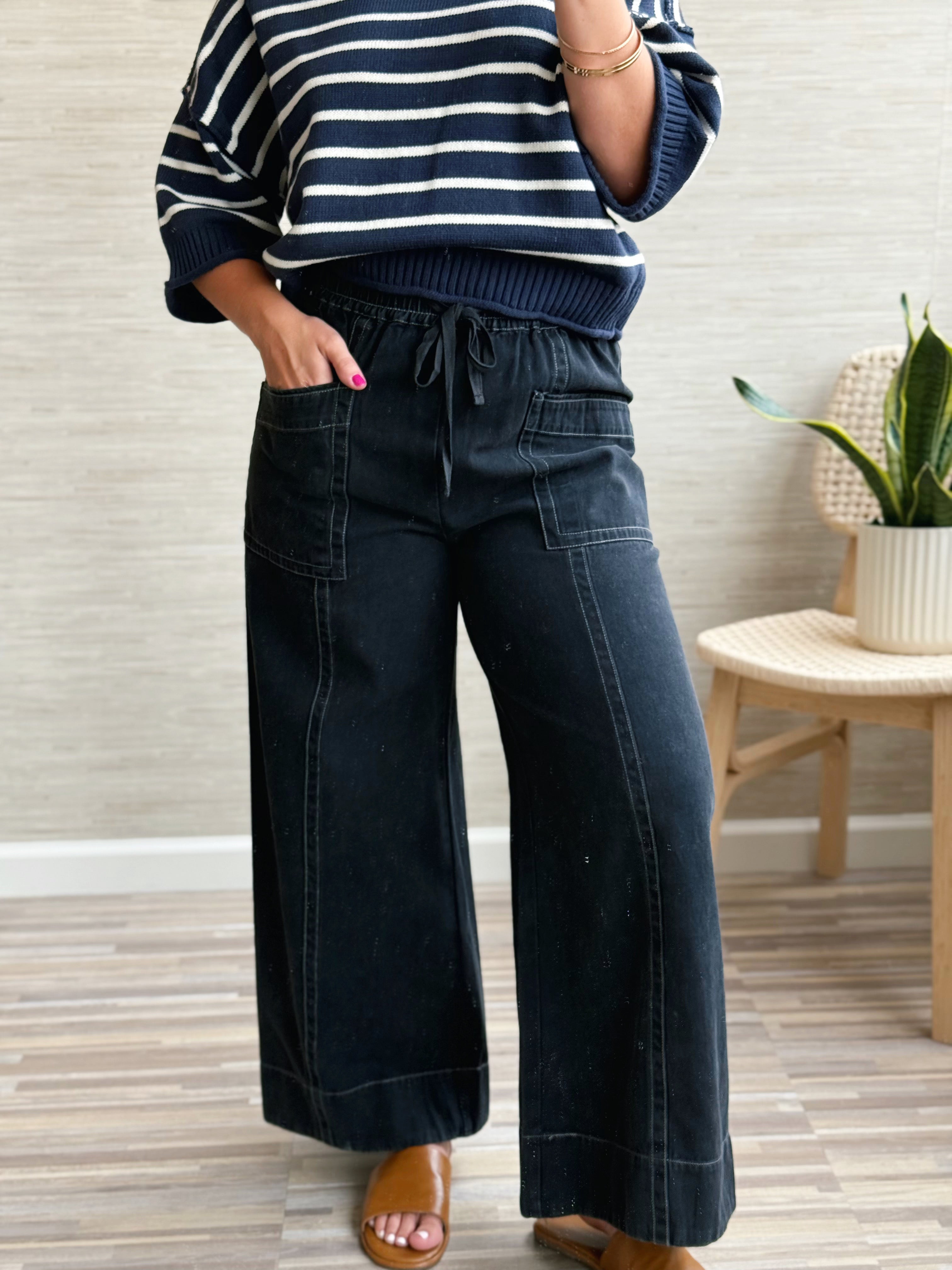 Twill Pull On Pants - BLACK - willows clothing PANTS