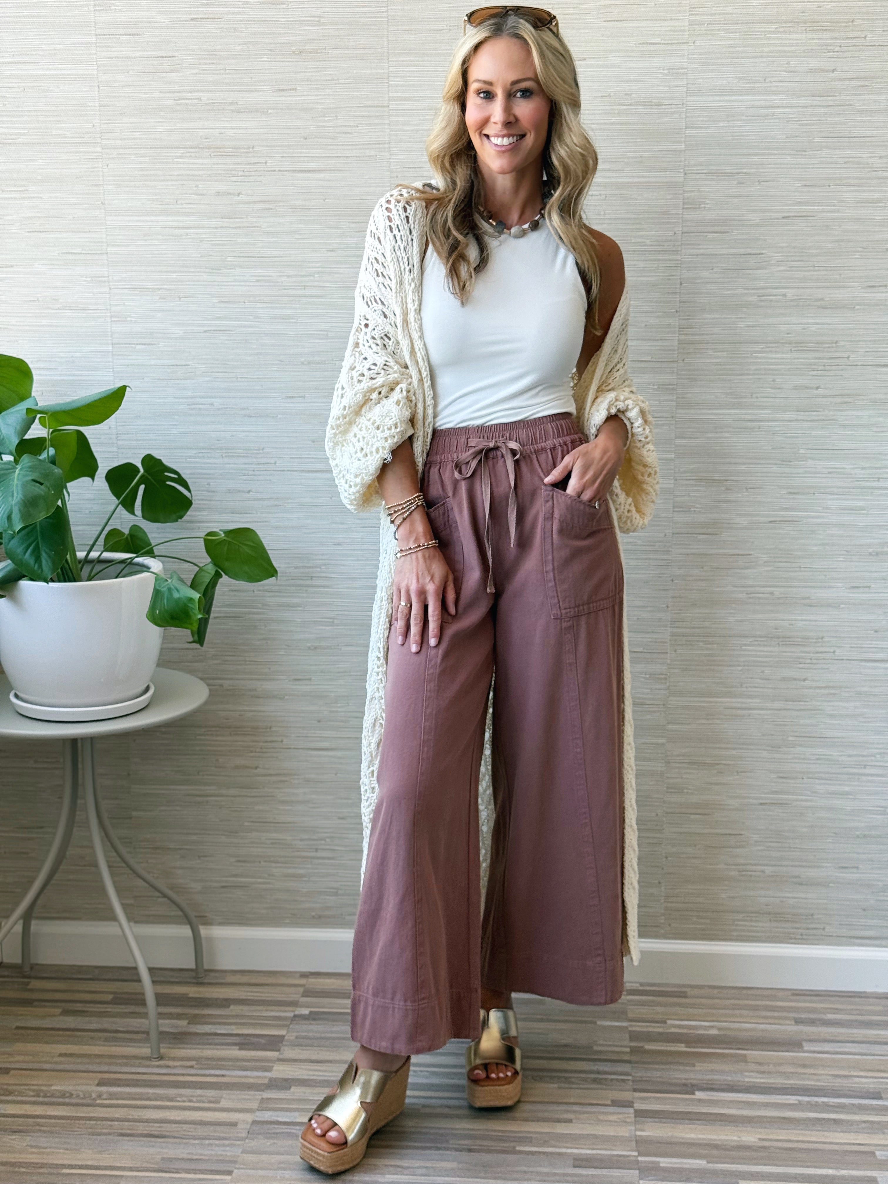 Twill Pull On Pants - RED BEAN - willows clothing PANTS