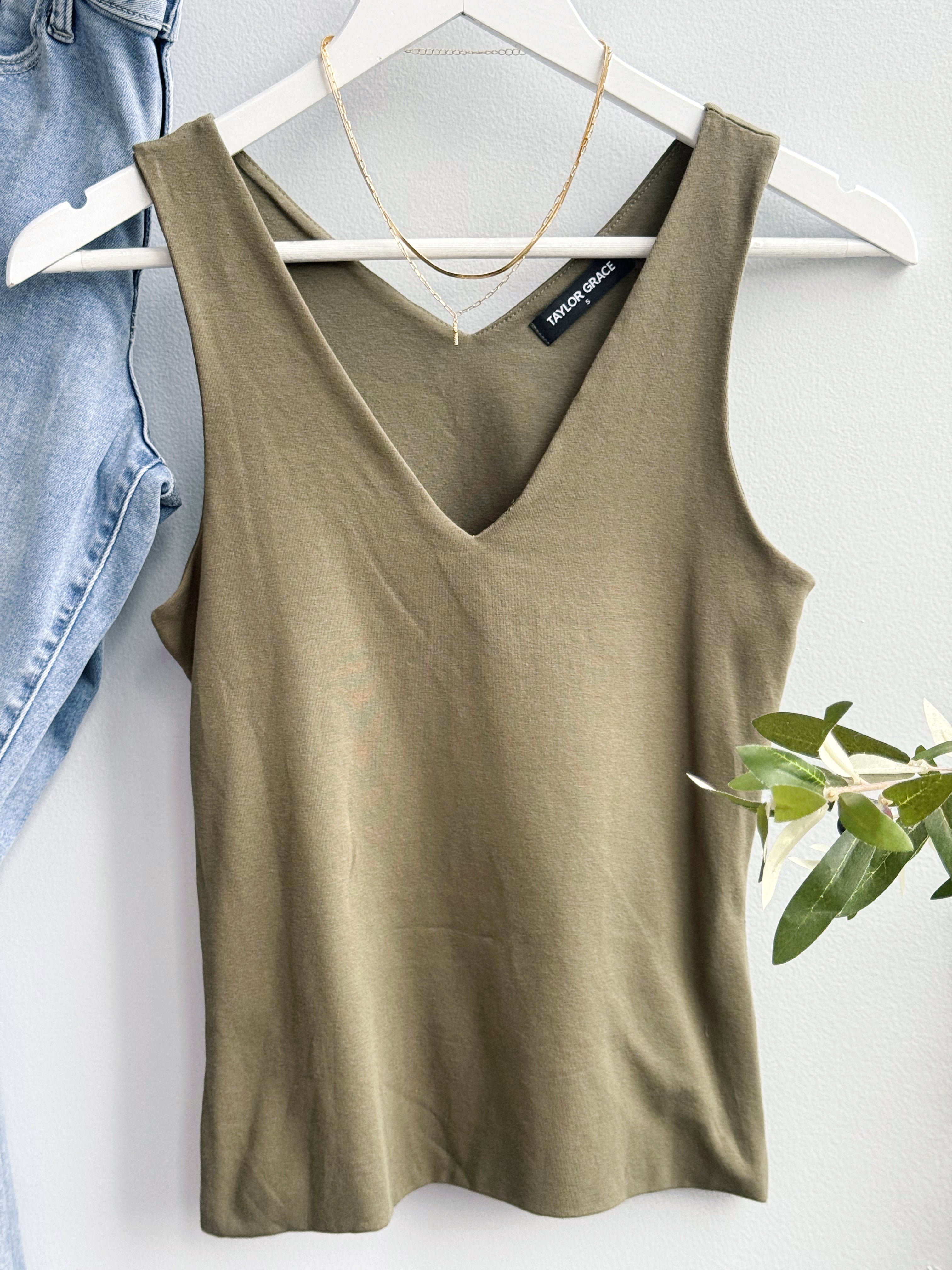 V - Neck Tank - NEW DUSTY OLIVE - willows clothing TANK