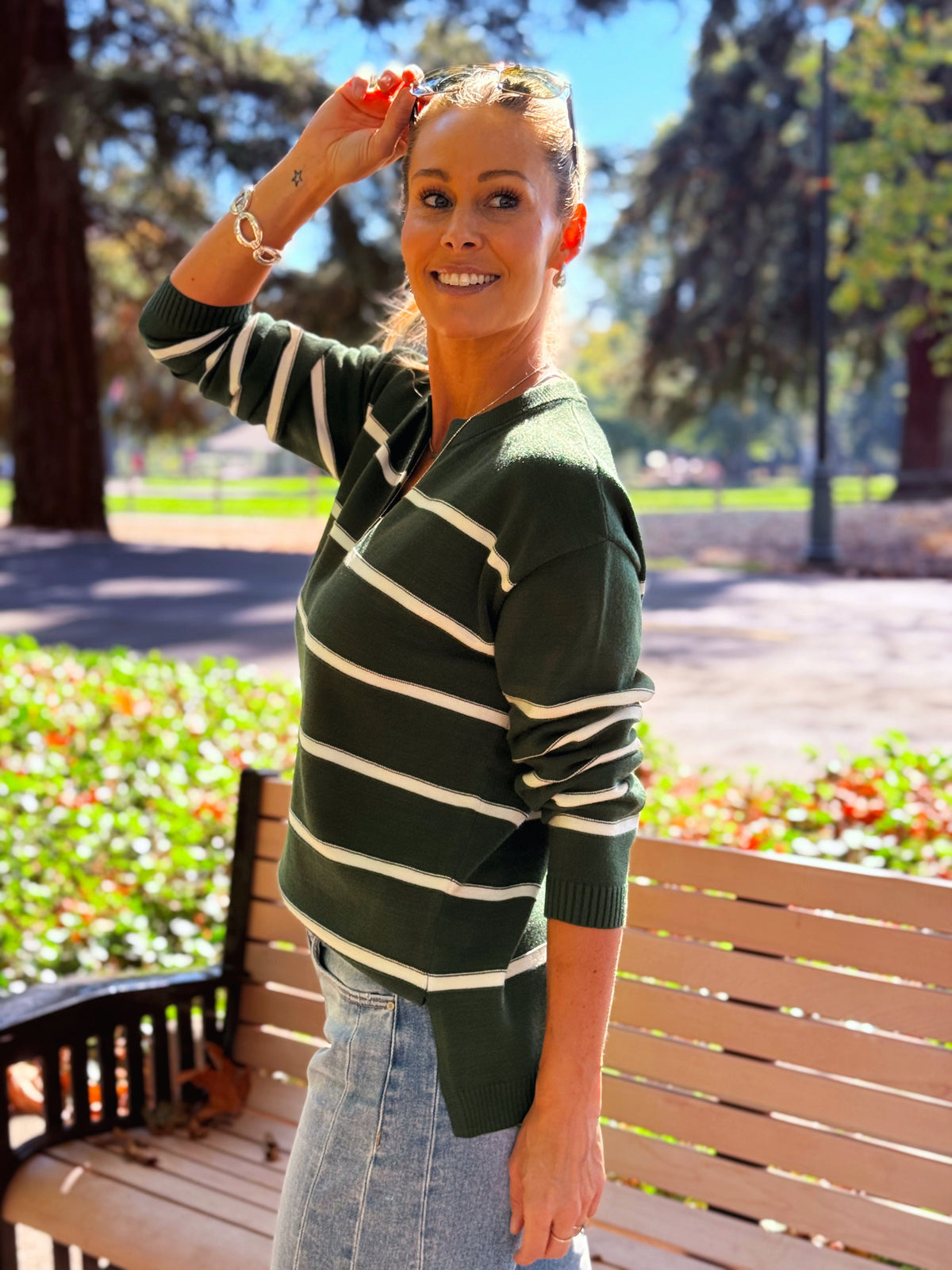 Varsity Stripe Sweater - DARK GREEN - willows clothing SWEATER
