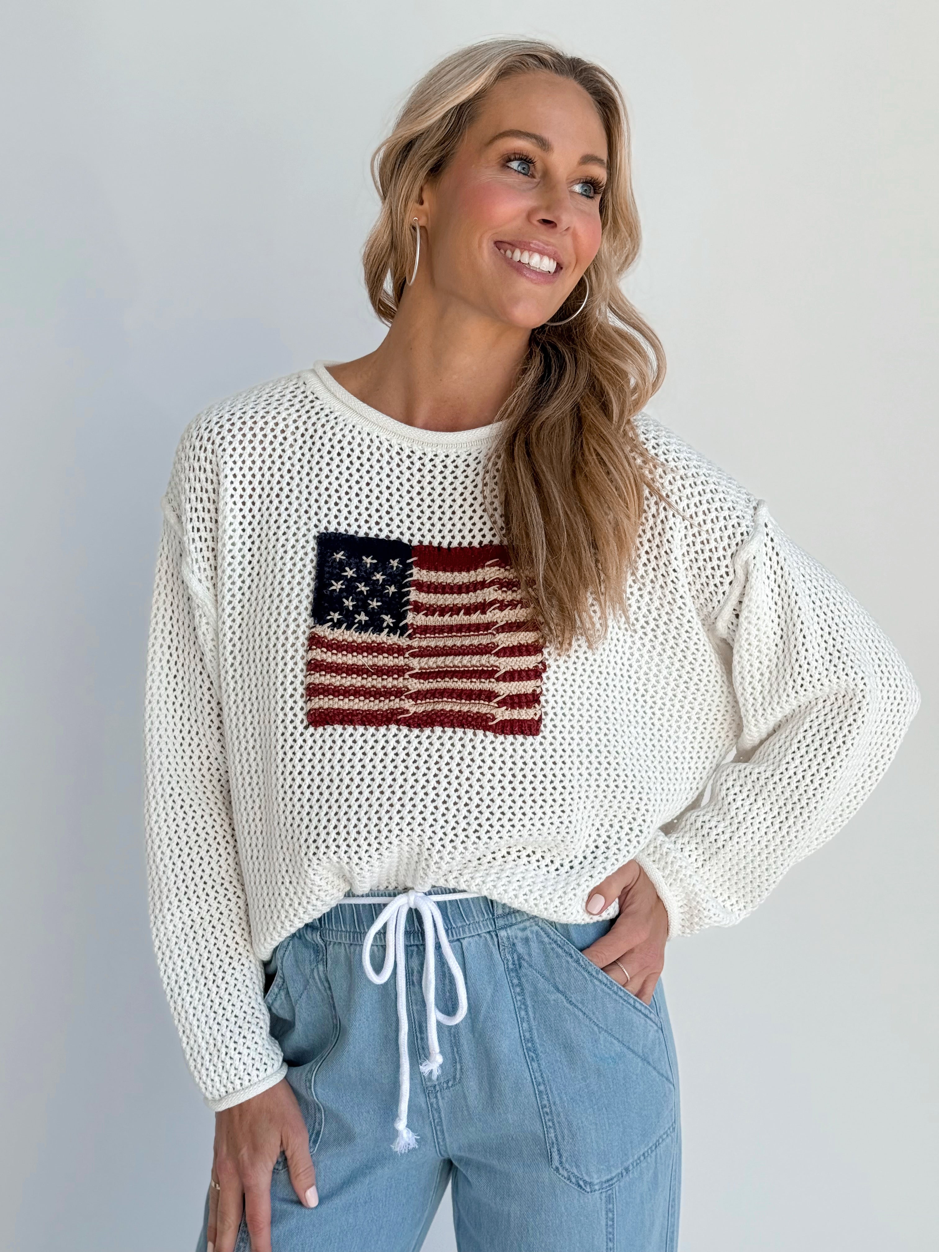 Vintage Flag Sweater - IVORY - willows clothing SWEATER