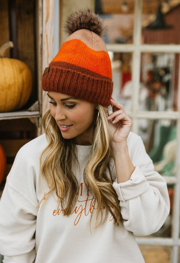 Colorblock Pom Beanie - RUST - willows clothing BEANIE