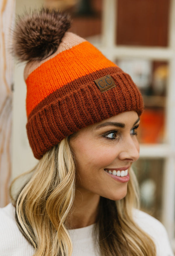Colorblock Pom Beanie - RUST - willows clothing BEANIE