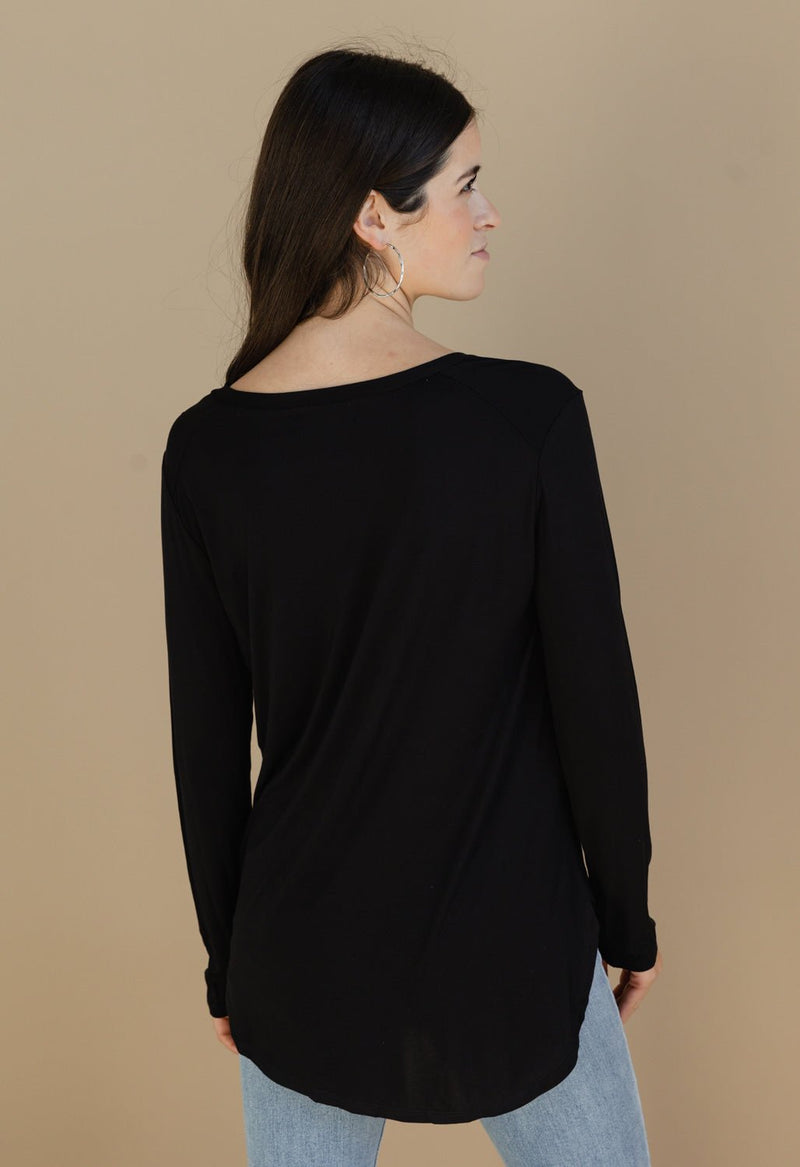 Long Sleeve V-Neck Top - BLACK - willows clothing L/S Shirt