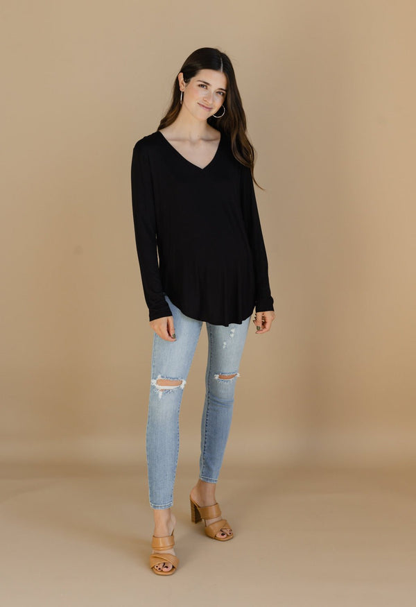 Long Sleeve V-Neck Top - BLACK - willows clothing L/S Shirt