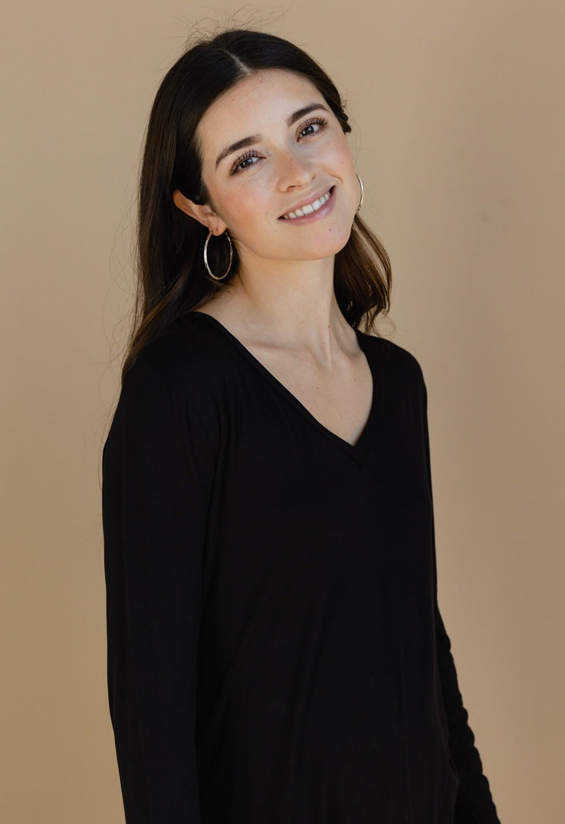 Long Sleeve V-Neck Top - BLACK - willows clothing L/S Shirt