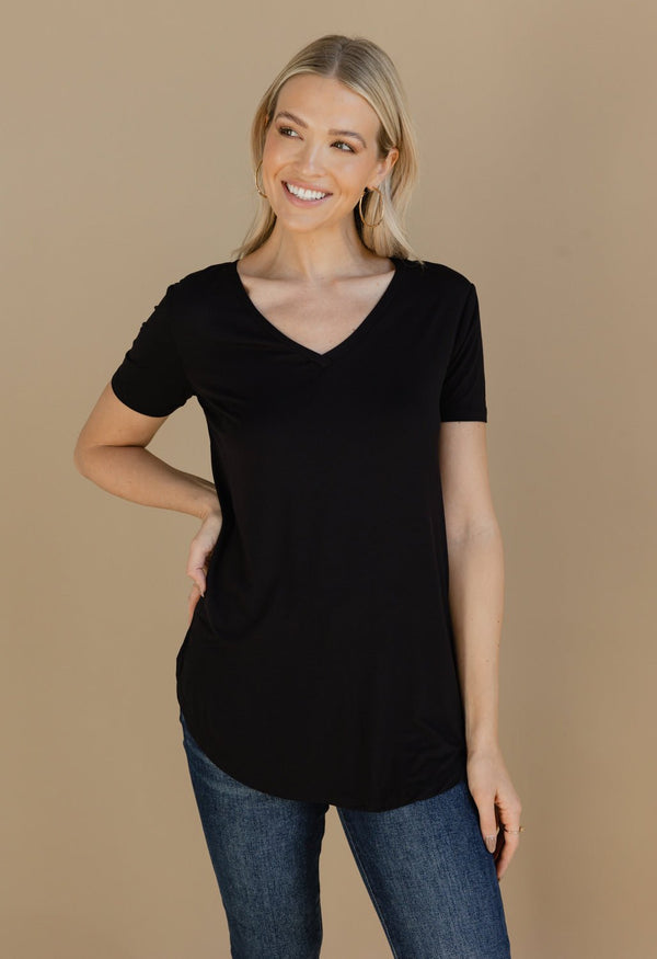 Long V-Neck Basic T-Shirt - BLACK - willows clothing S/S Shirt