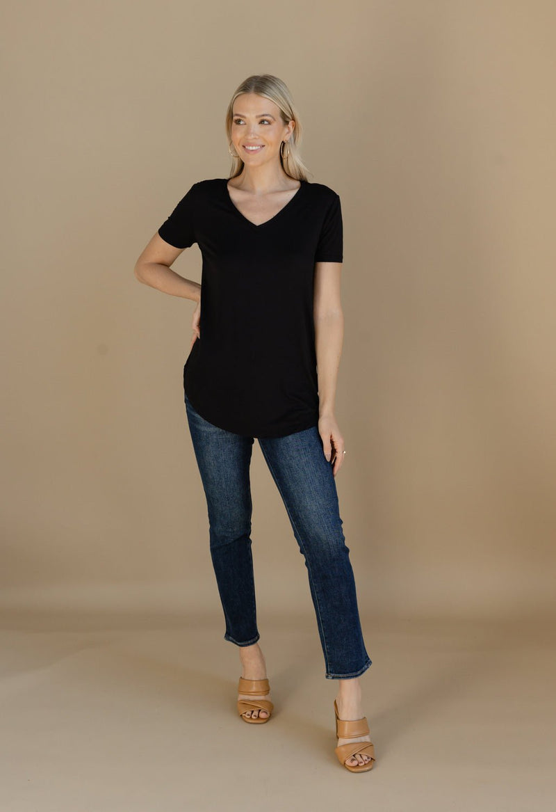 Long V-Neck Basic T-Shirt - BLACK - willows clothing S/S Shirt