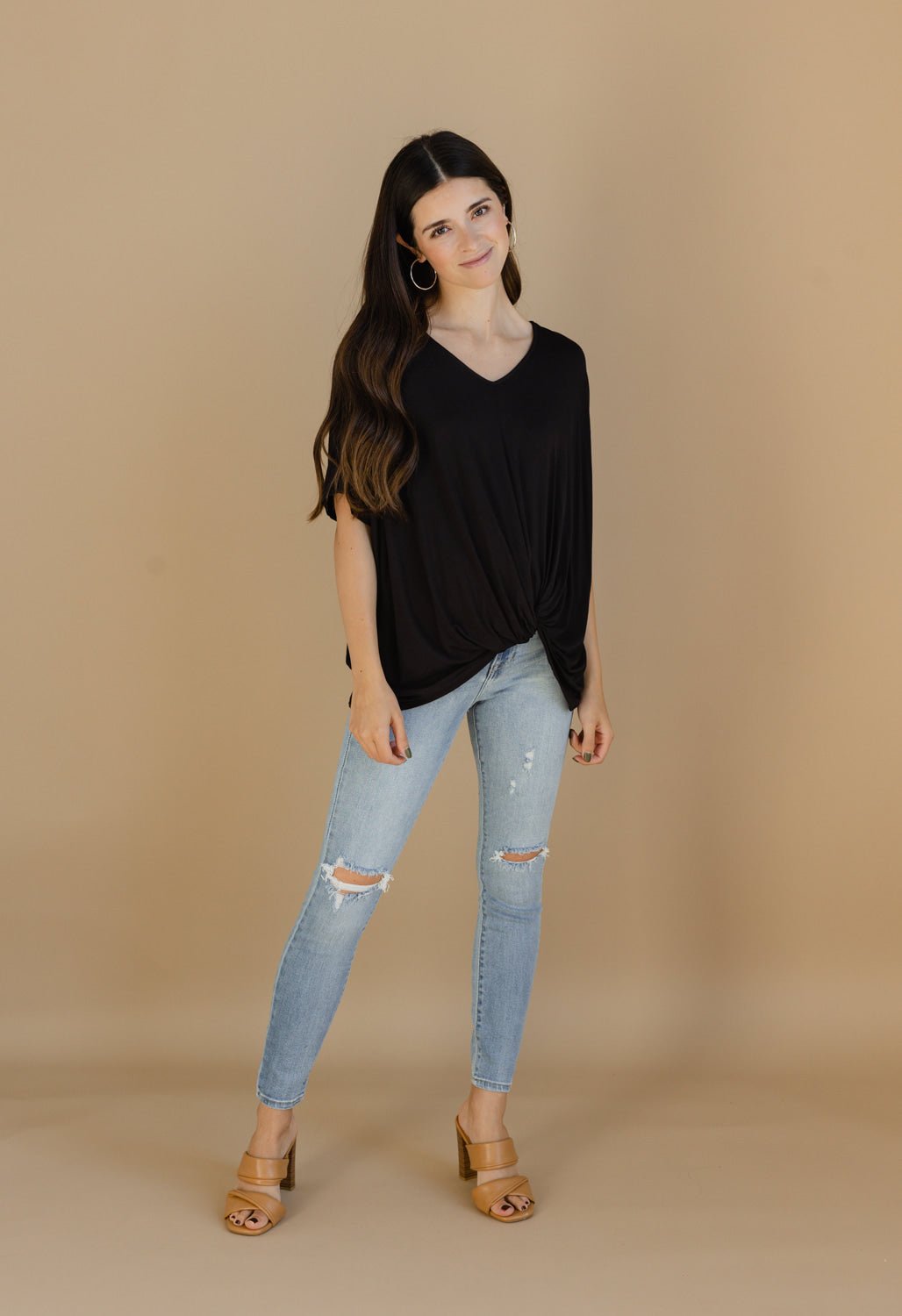 Short Sleeve V-Neck Knot Front Top - BLACK - willows clothing S/S Shirt
