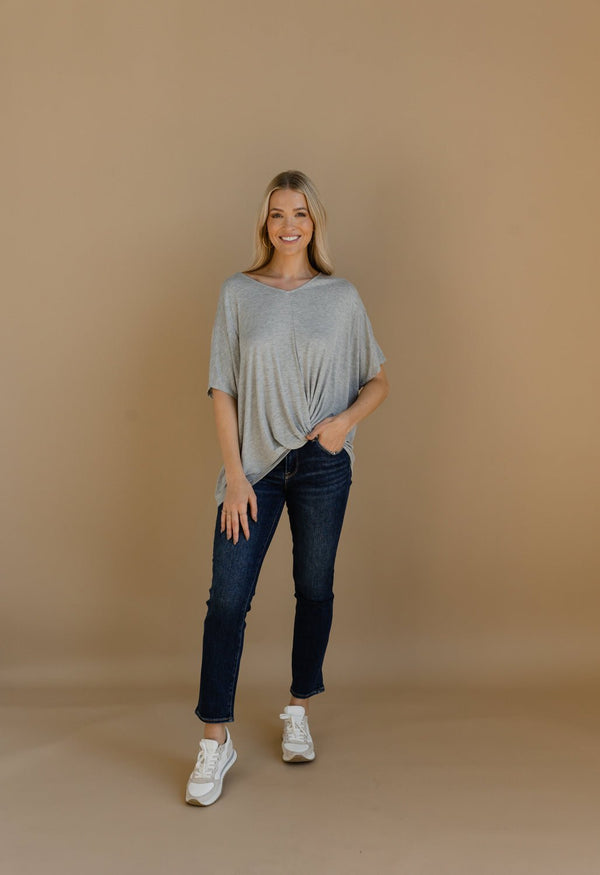 Short Sleeve V-Neck Knot Front Top - HEATHER GREY - willows clothing S/S Shirt