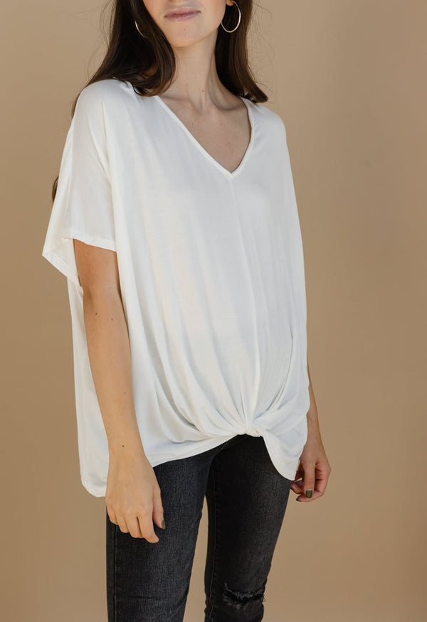 Short Sleeve V-Neck Knot Front Top - IVORY - willows clothing S/S Shirt